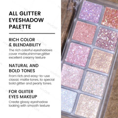 KYDA glitter eyeshadow palette swatch row highlights rich pigment for bold, shimmering effects