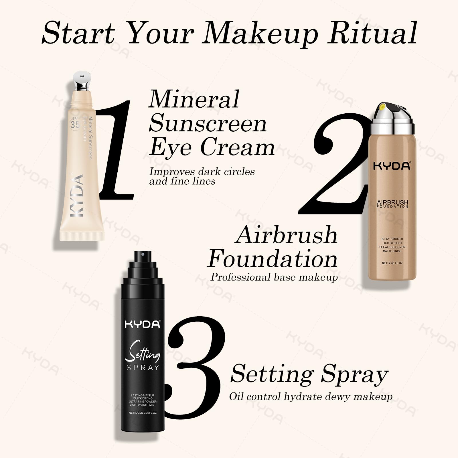 KYDA Mineral Eyes Cream matte shade swatches display three tones for skin match.