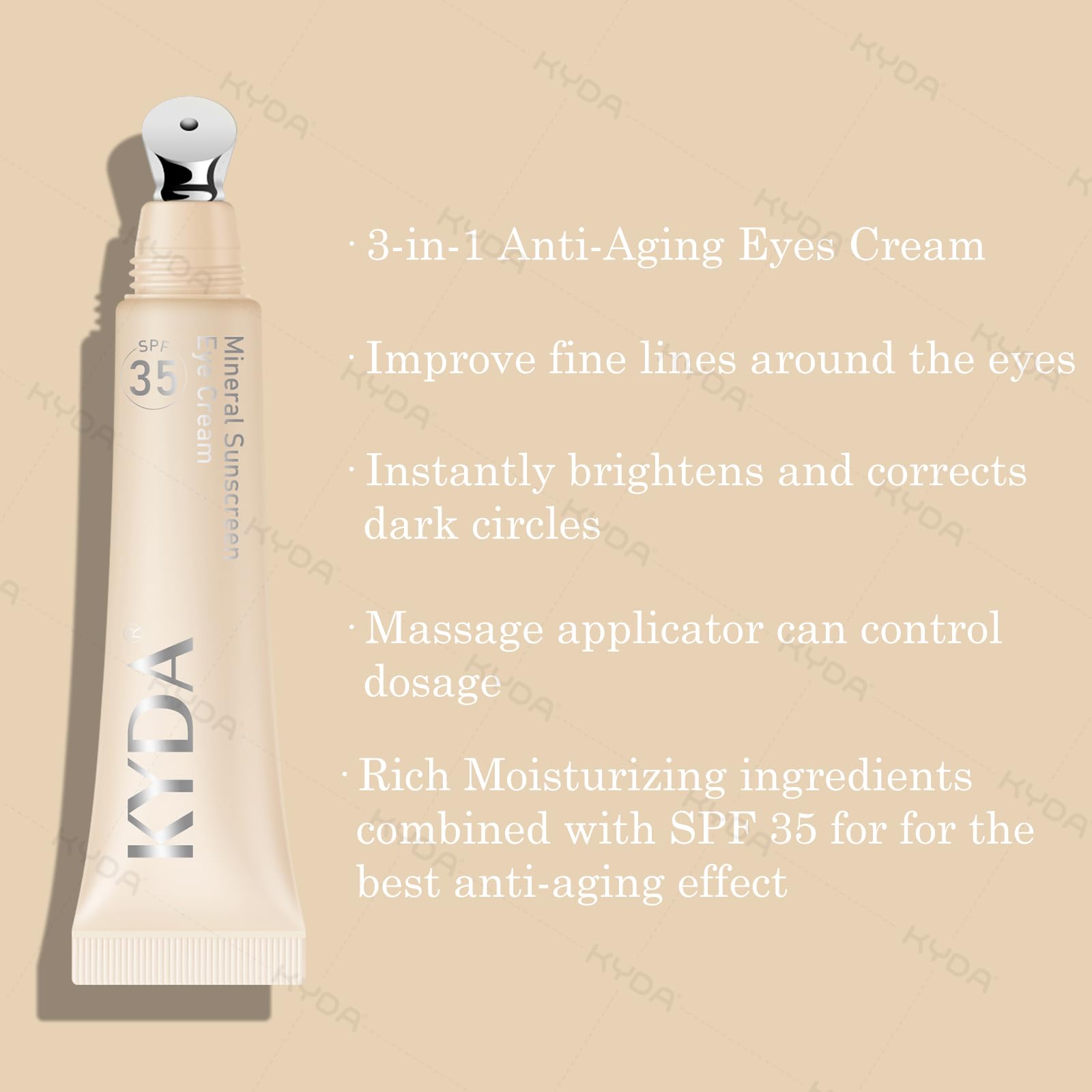 KYDA Mineral Eyes Cream SPF 35 bottle highlights eye-area sun protection.
