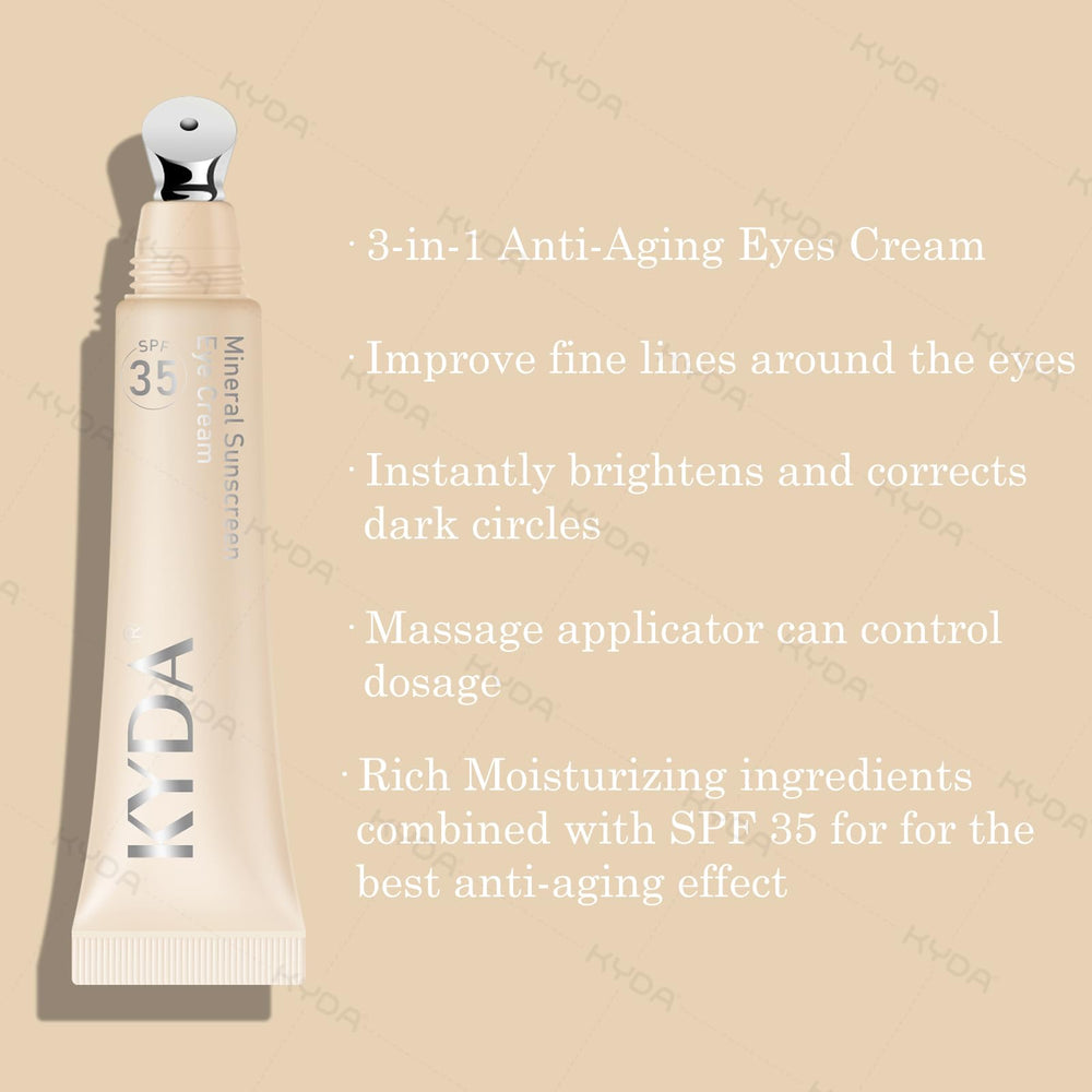 KYDA Mineral Eyes Cream SPF 35 bottle highlights eye-area sun protection.