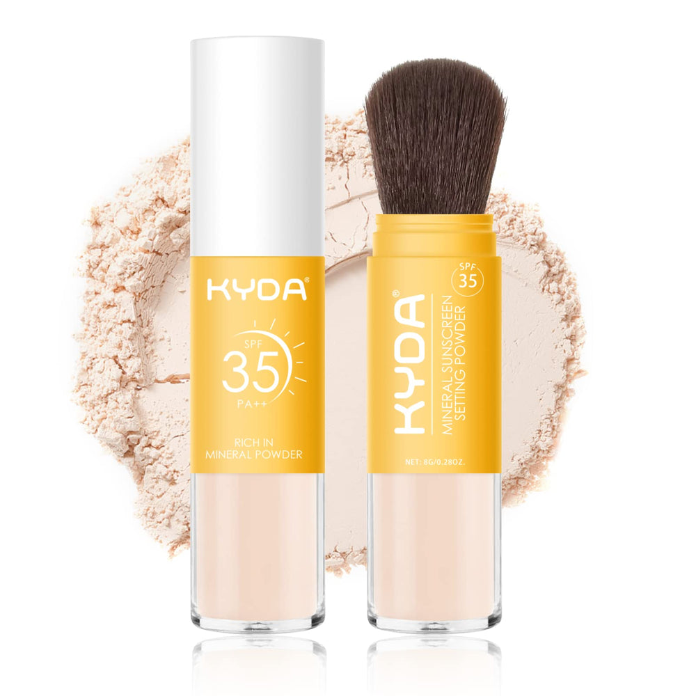 KYDA Mineral Sunscreen Setting Powder applied to face for natural matte finish and oil control.
