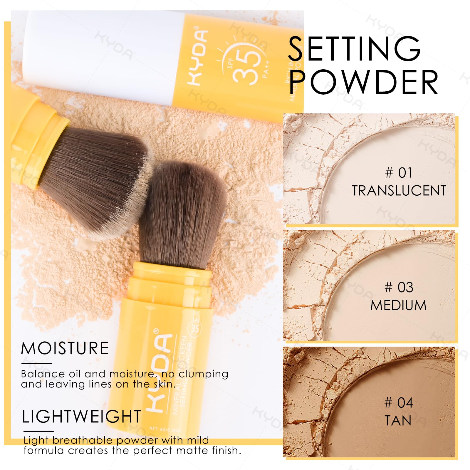 KYDA matte-finish loose powder is ideal for long-wear setting.