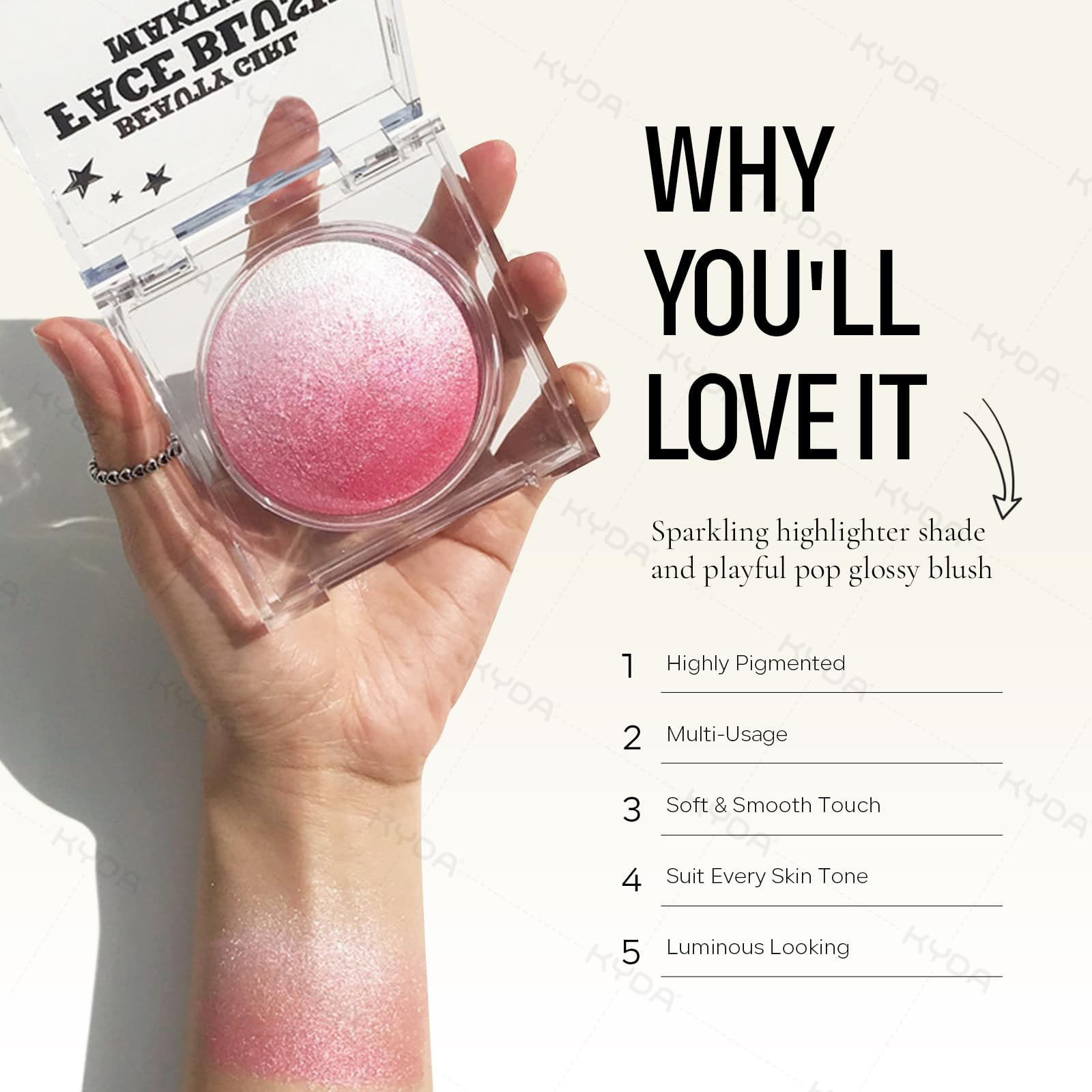KYDA Soft Texture makeup blend provides lightweight, buildable highlight and blush.
