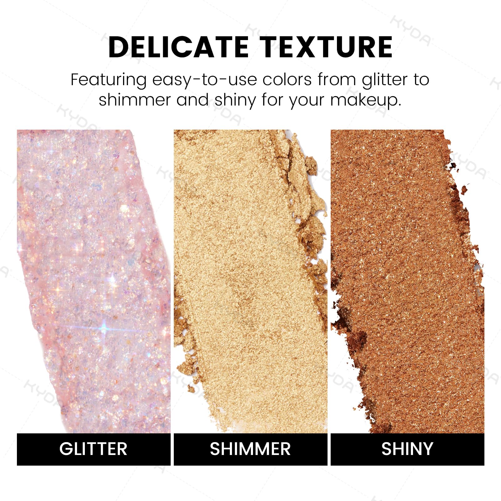 KYDA sparkling sequin eyeshadow pan closeup reveals sparkle and depth for festive makeup