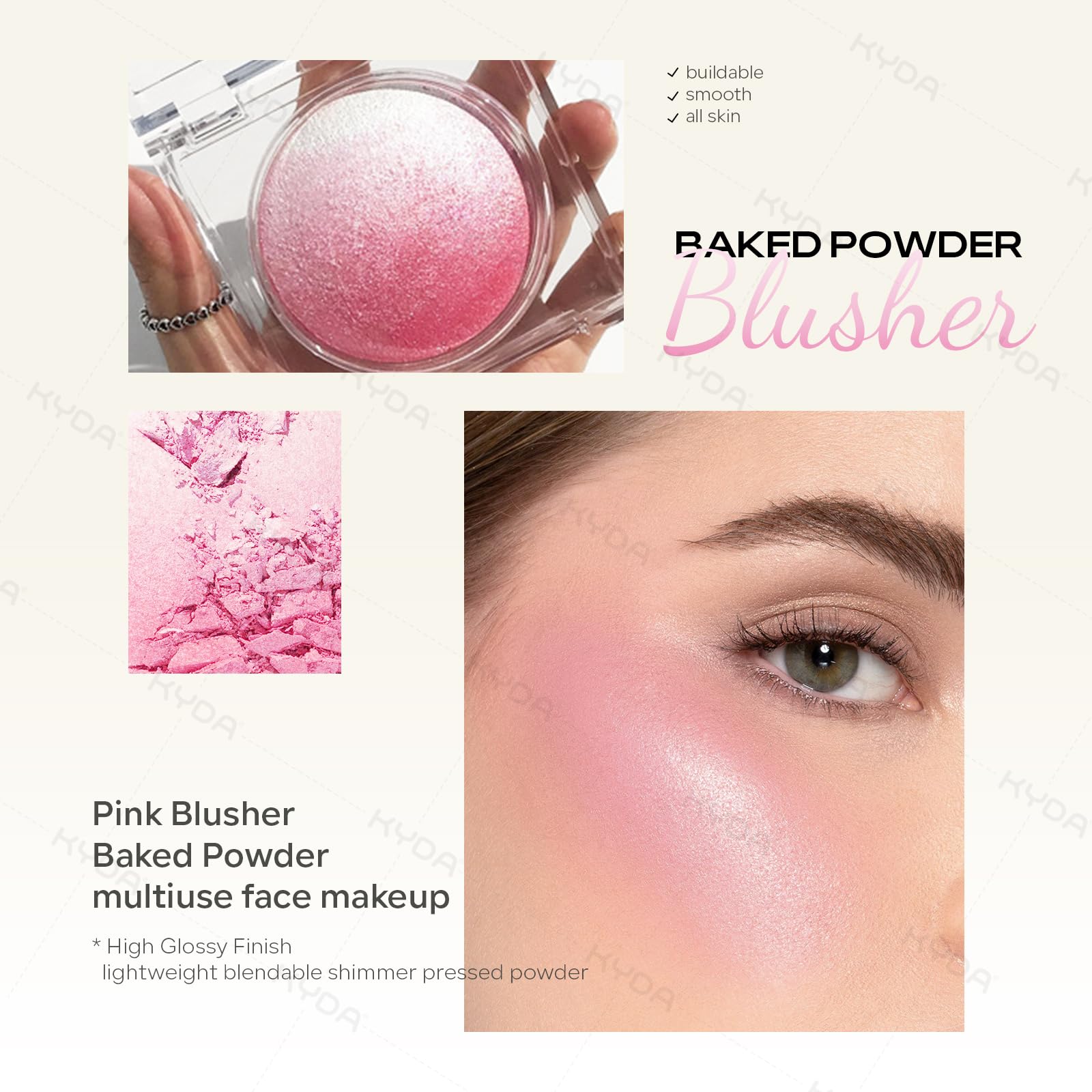 KYDA Three-tone Color Blend powder blends pink, coral, and orange for versatile color.