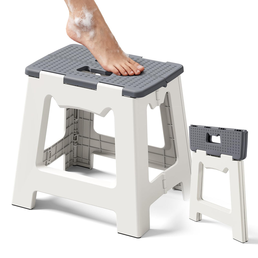 Kzeirm foldable shower stool folded side view shows compact footprint for small bathrooms.