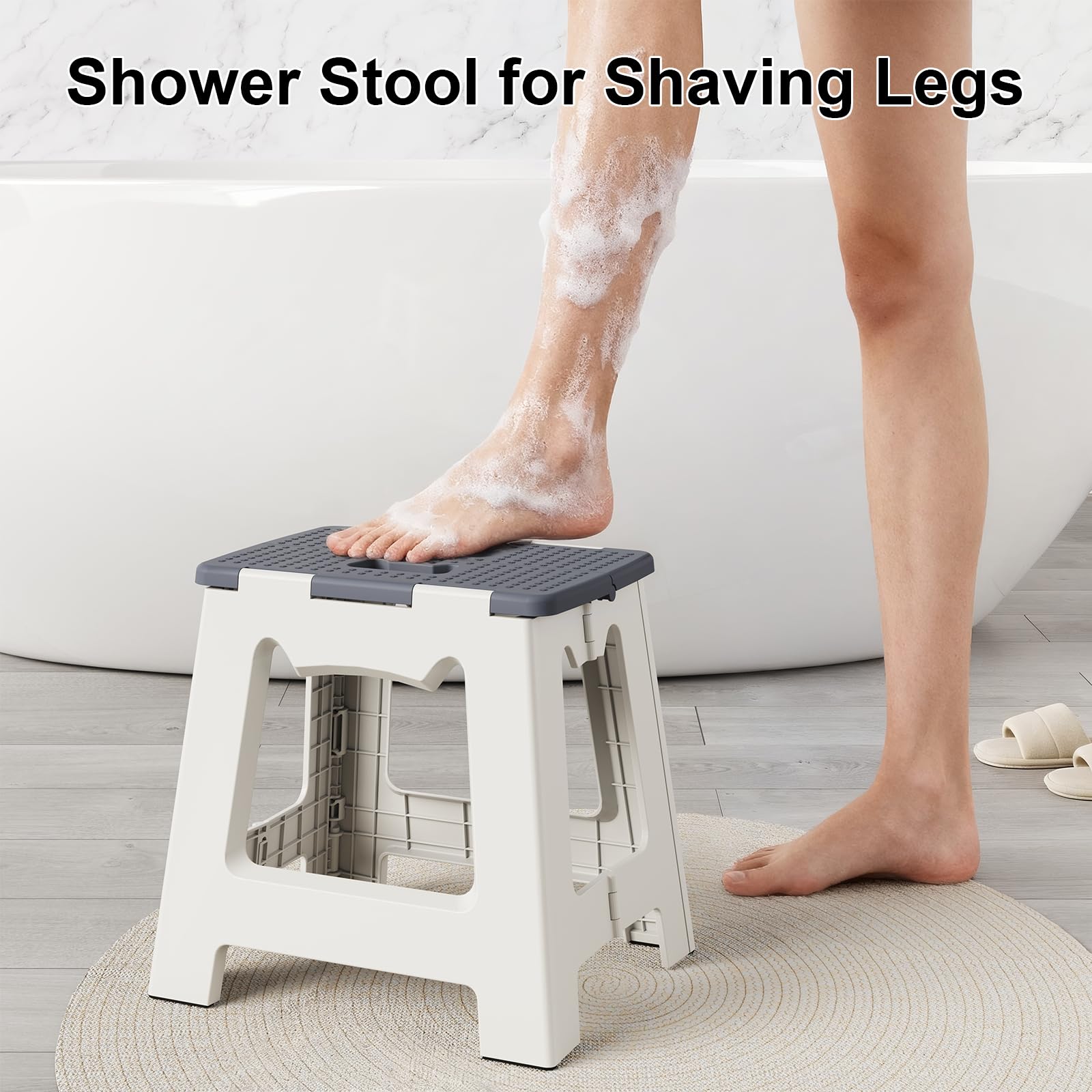 Kzeirm foldable shower stool unfolded in shower provides stable seating.