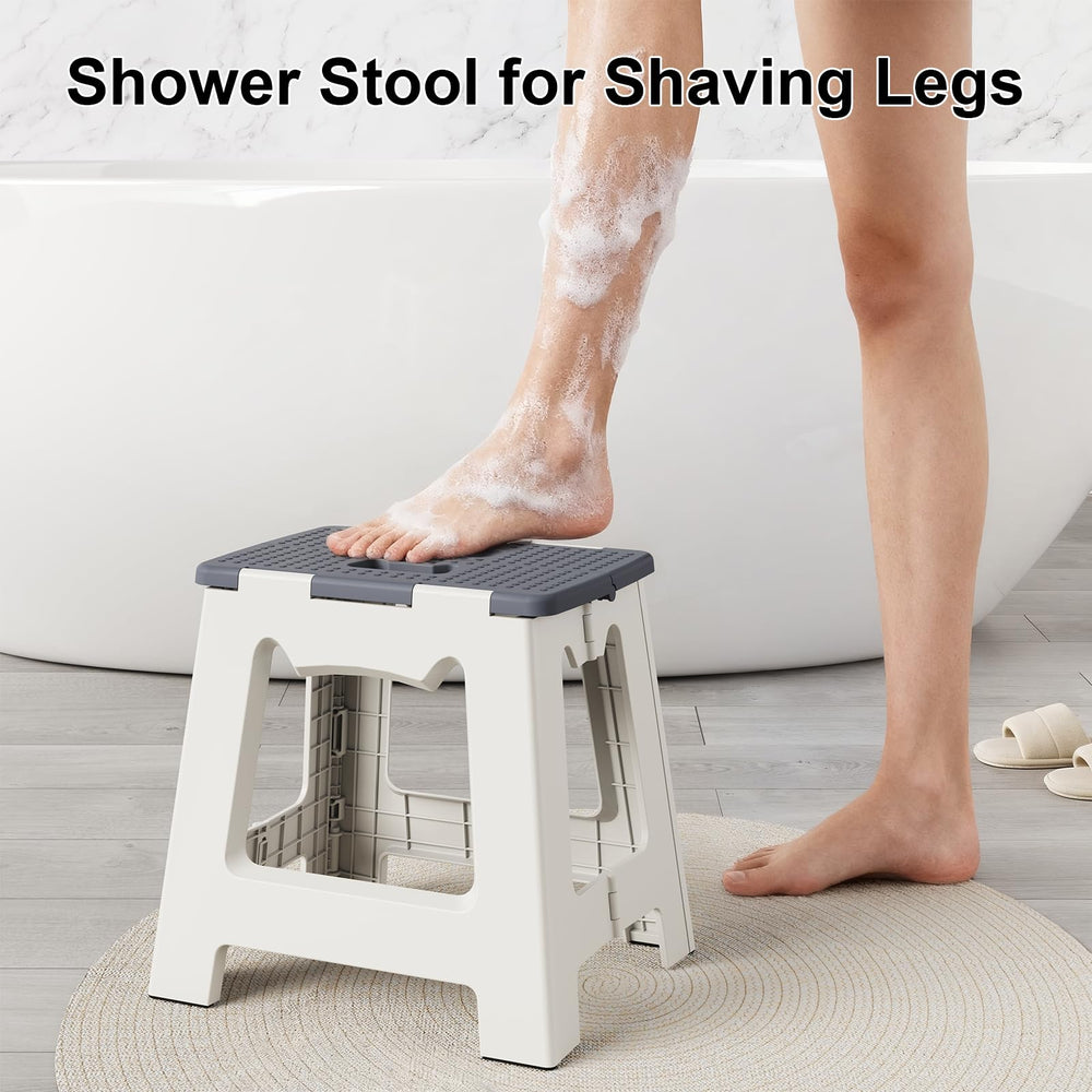 Kzeirm foldable shower stool unfolded in shower provides stable seating.