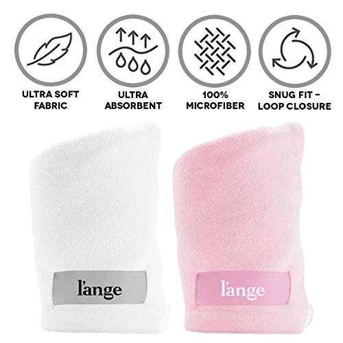 Model wearing L'ANGE HAIR Microfiber Hair Wrap demonstrates hands-free drying.