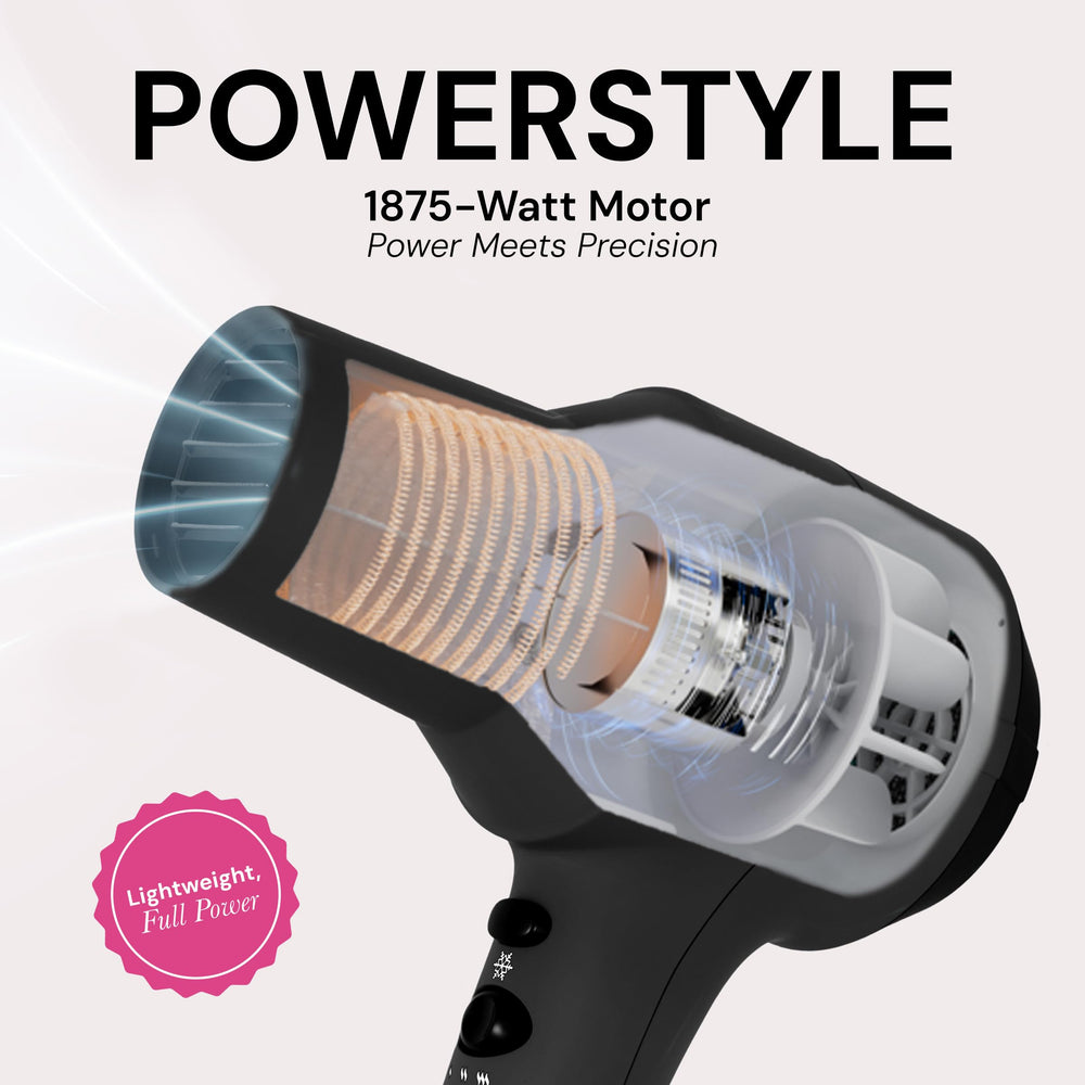 Close-up showing shiny, frizz-free hair achieved with PowerStyle Ionic Turbo Dryer.