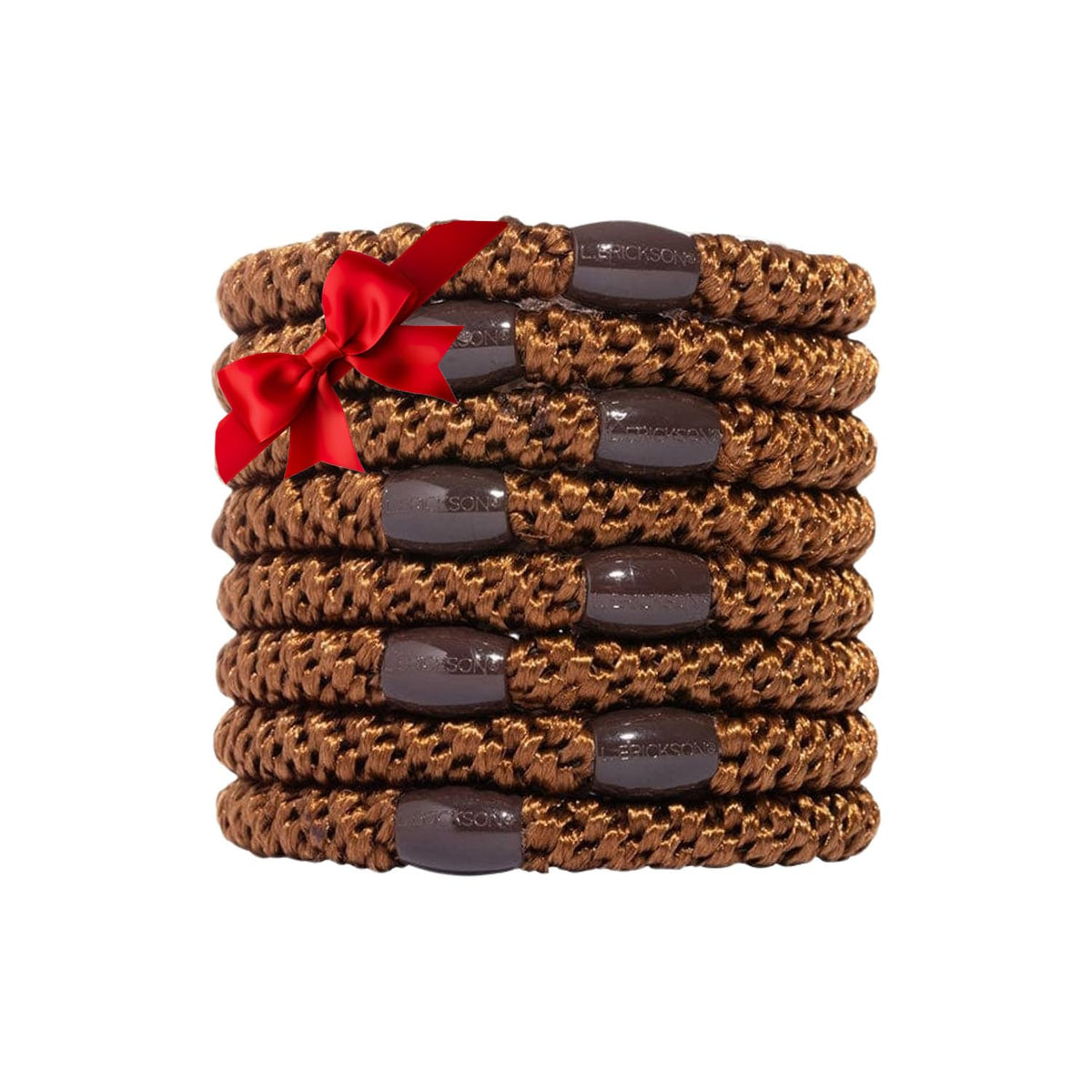L. Erickson brown hair ties 8-pack show strong hold for thick hair in mocha finish.