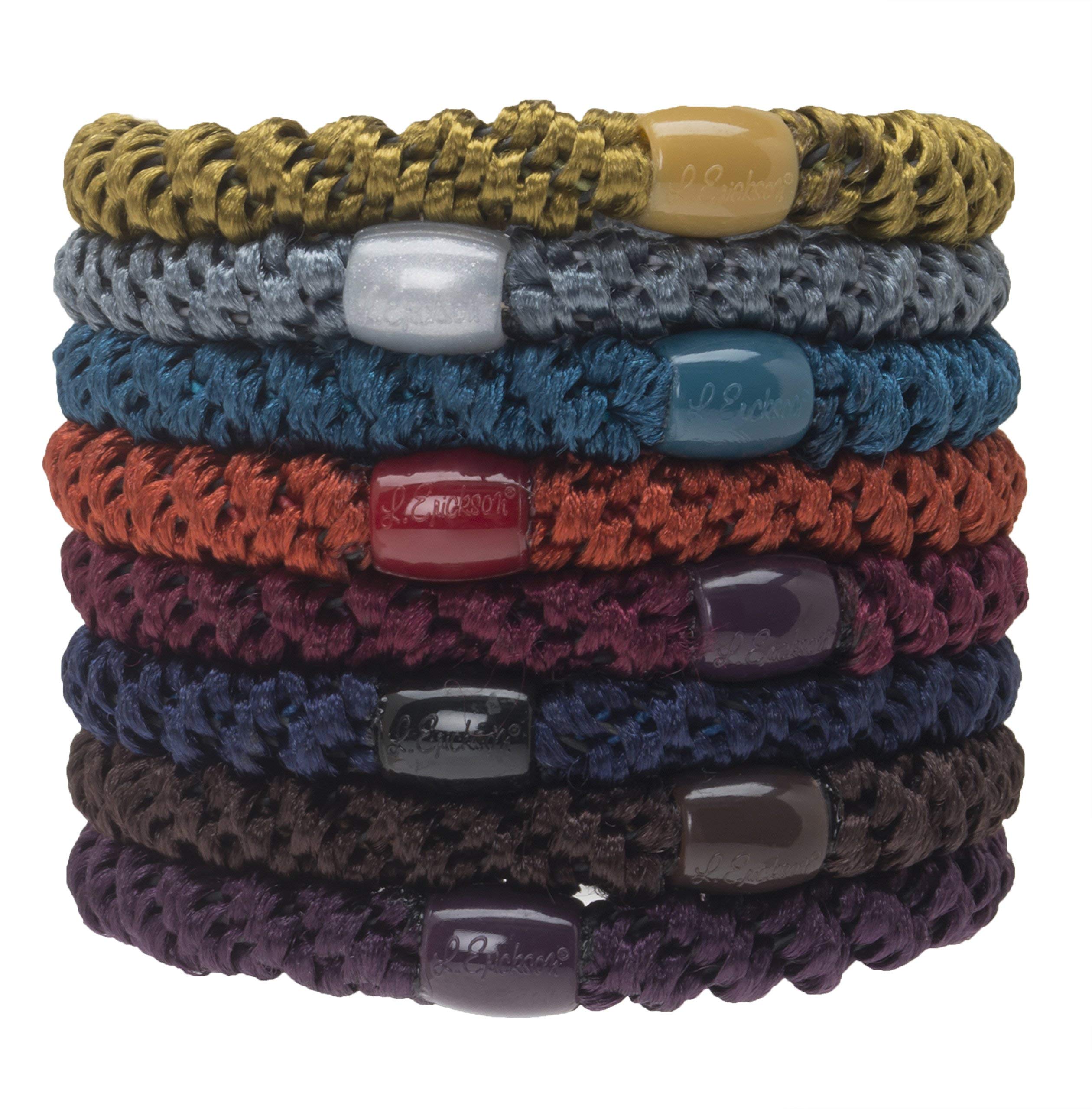 L. Erickson Colorful Hair Ties 8-pack in fall colors for thick hair with strong hold.