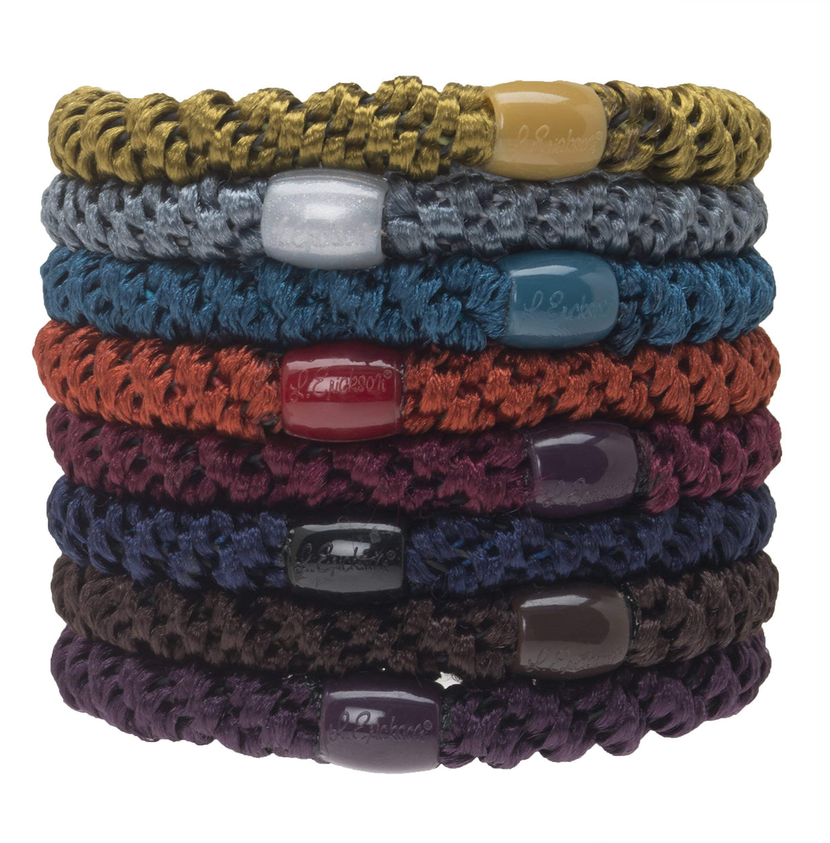 L. Erickson Colorful Hair Ties 8-pack in fall colors for thick hair with strong hold.