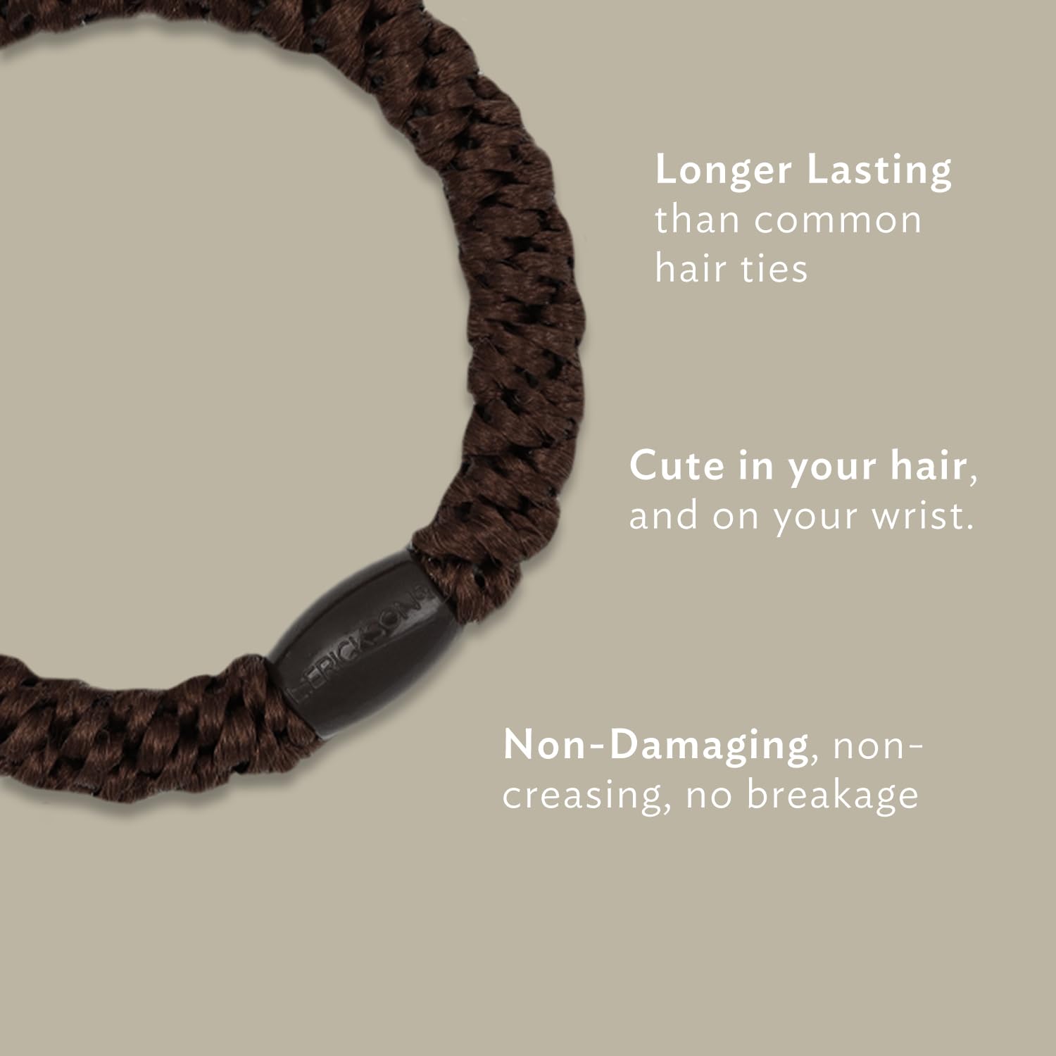 L. Erickson denim-tone hair ties with no-crease design keep ponytails smooth during workouts.