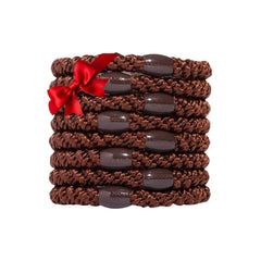L. Erickson hair ties in coffee brown close-up show braided bands for strong hold.