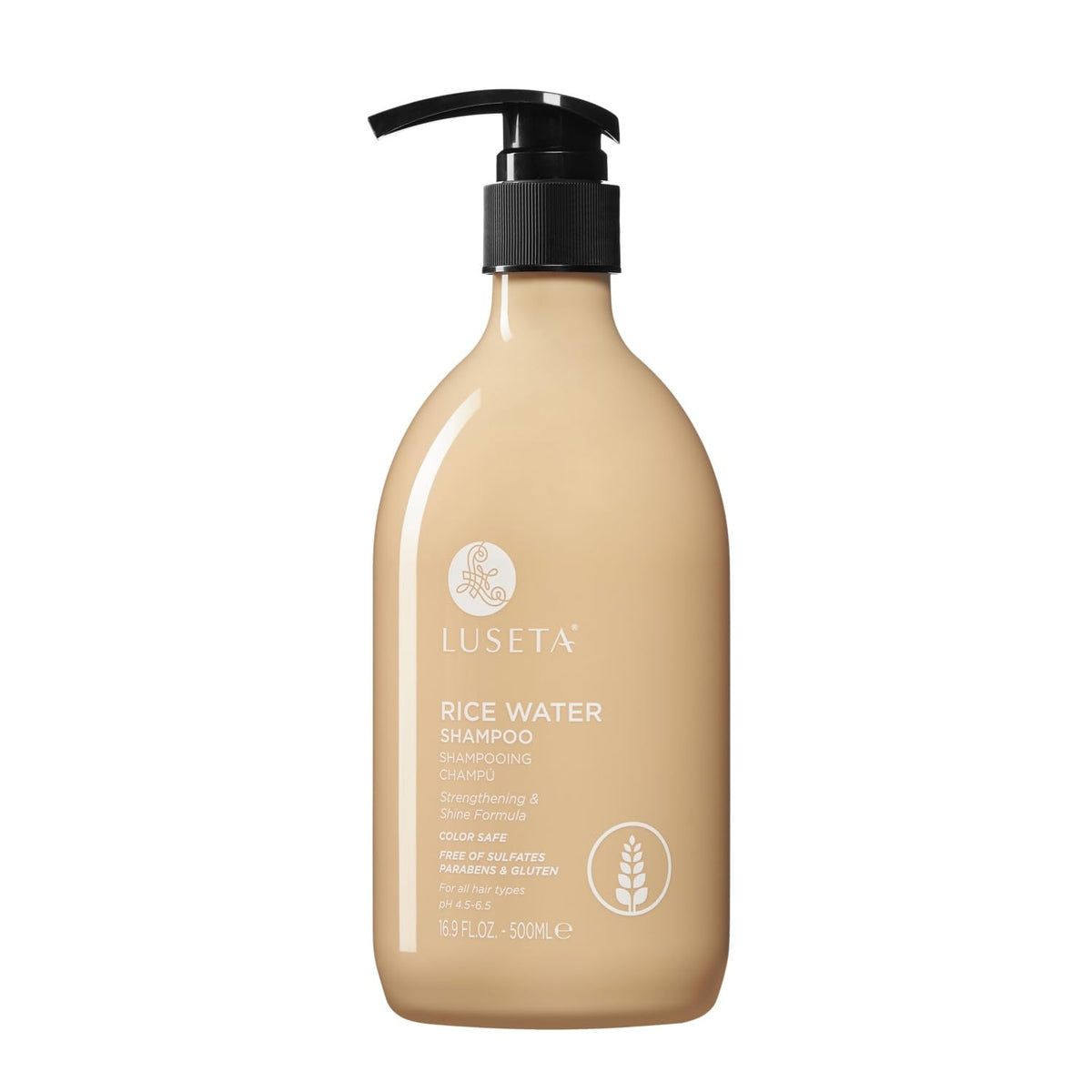 L LUSETA Rice Water Shampoo bottle-front view signaling strengthening hair care