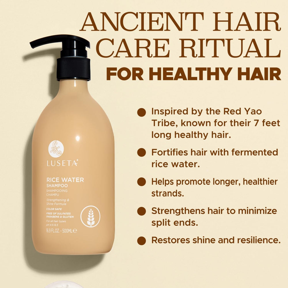 L LUSETA Rice Water Shampoo label close-up highlighting nourishing ingredients for shine