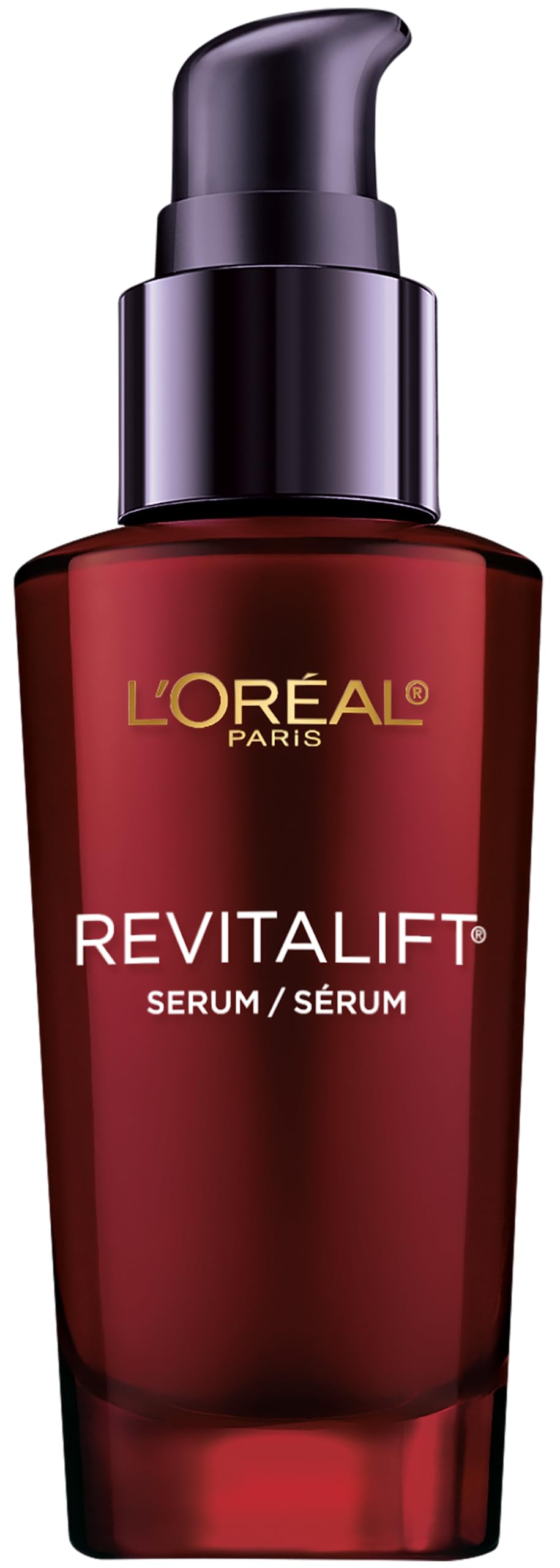 L'Oreal Paris Revitalift bottle closeup highlights hydrating anti-aging formula.