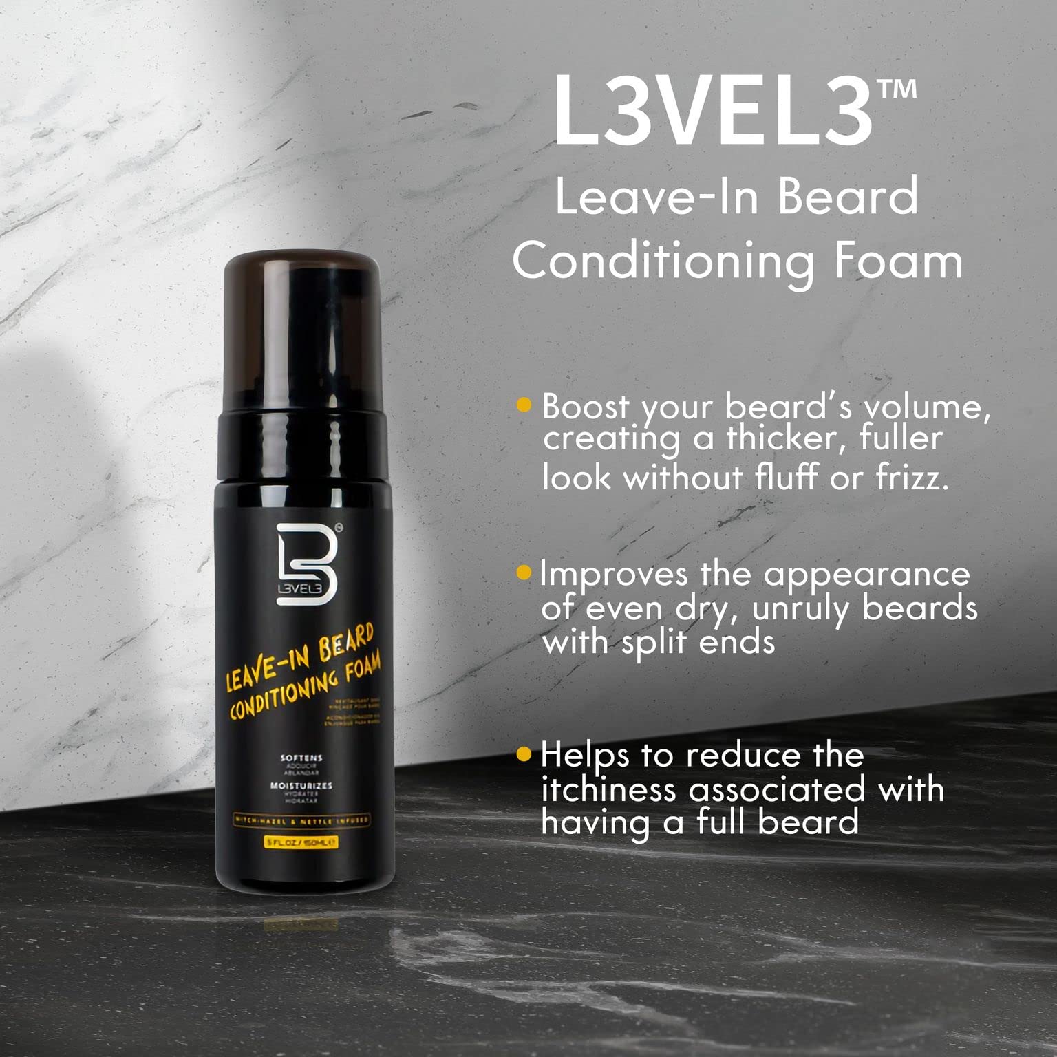 L3 beard conditioner foam close-up on soft, soothed facial hair for comfortable grooming.