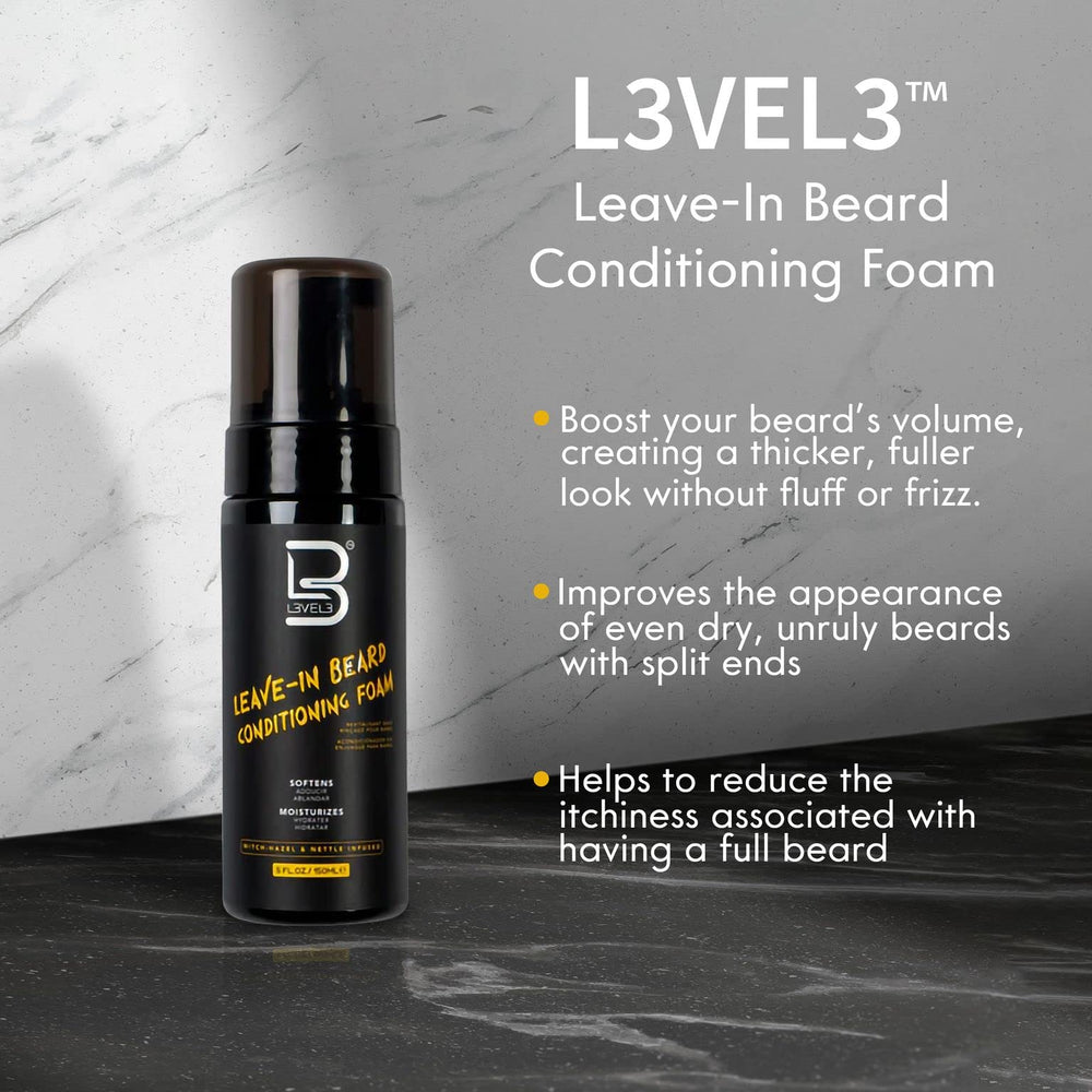L3 beard conditioner foam close-up on soft, soothed facial hair for comfortable grooming.