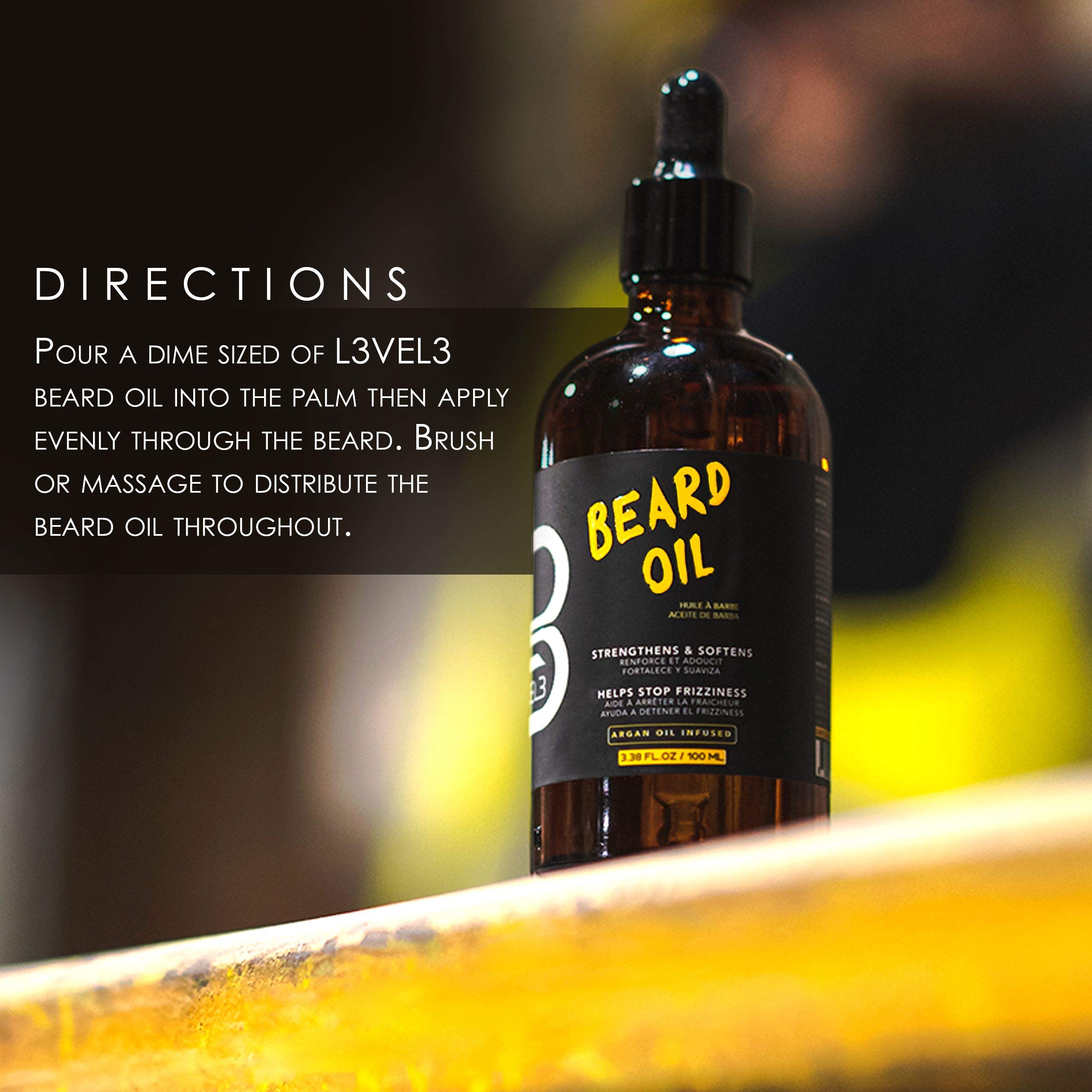 L3 Level 3 Beard Oil packaging showcases premium bottle for easy daily grooming