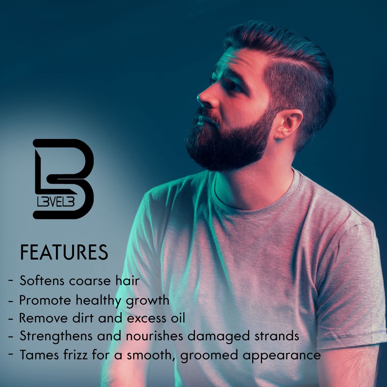 L3 Level 3 Beard Shampoo label closeup with chamomile scent details