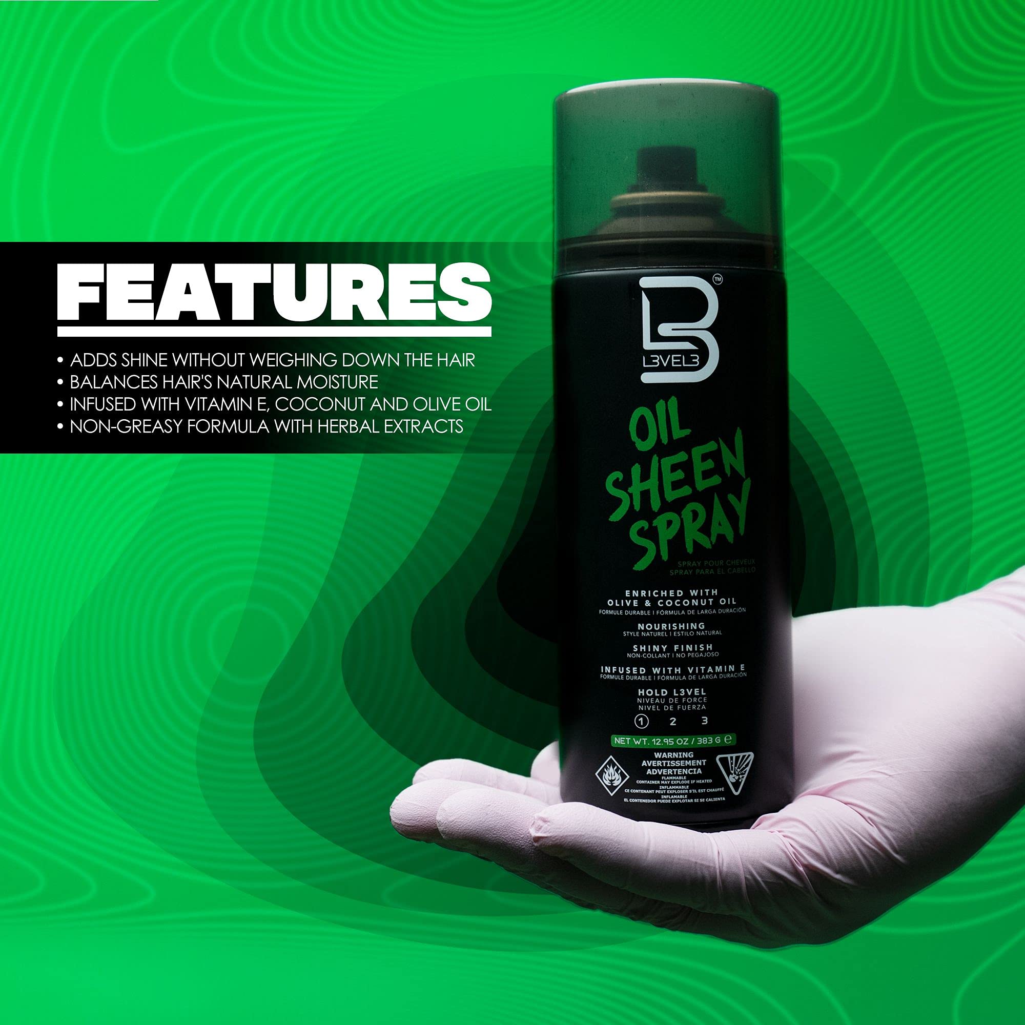 L3 Level 3 Oil Sheen Spray creates a lightweight, frizz-controlled shine.