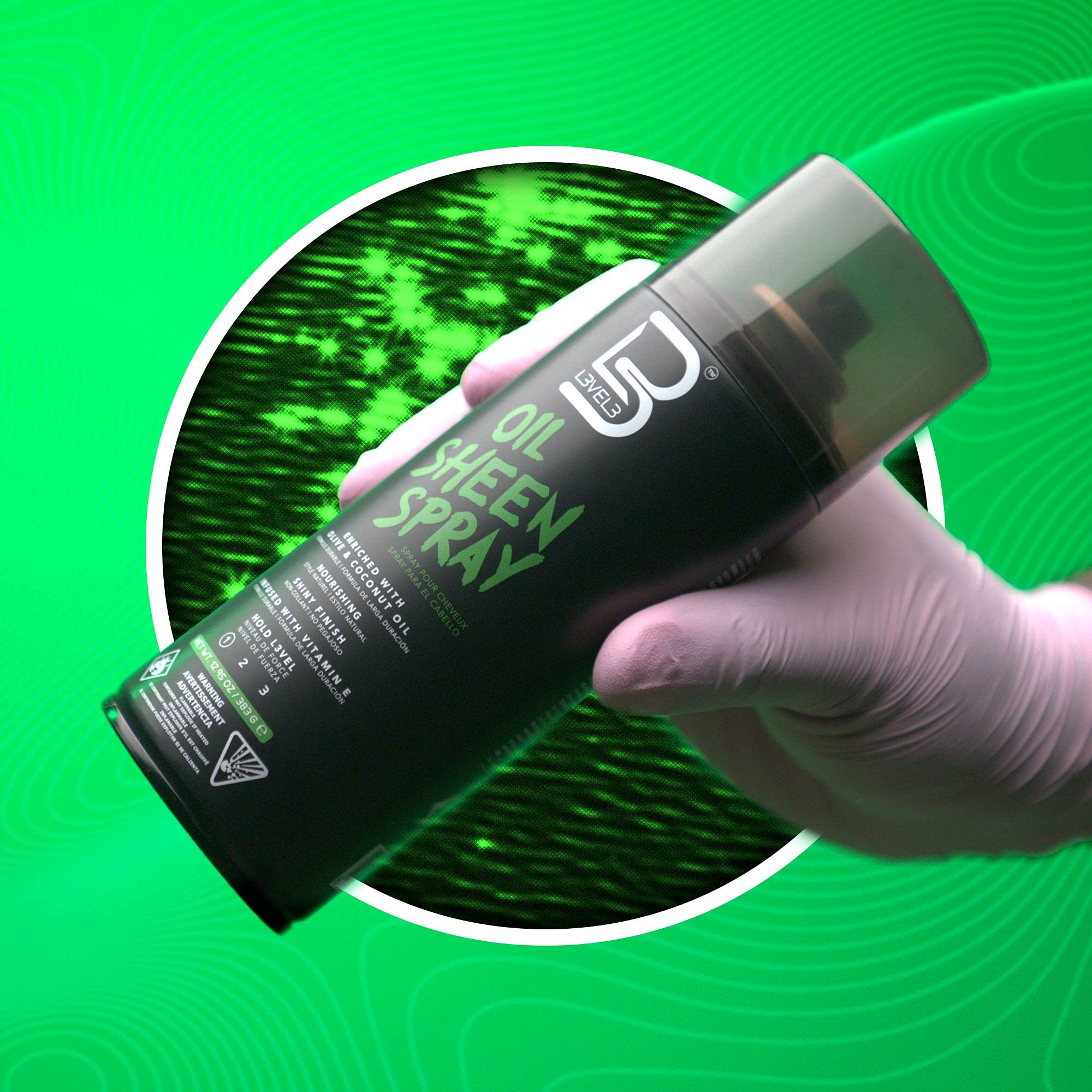 L3 Level 3 Oil Sheen Spray enriched with olive and coconut oils for moisture.