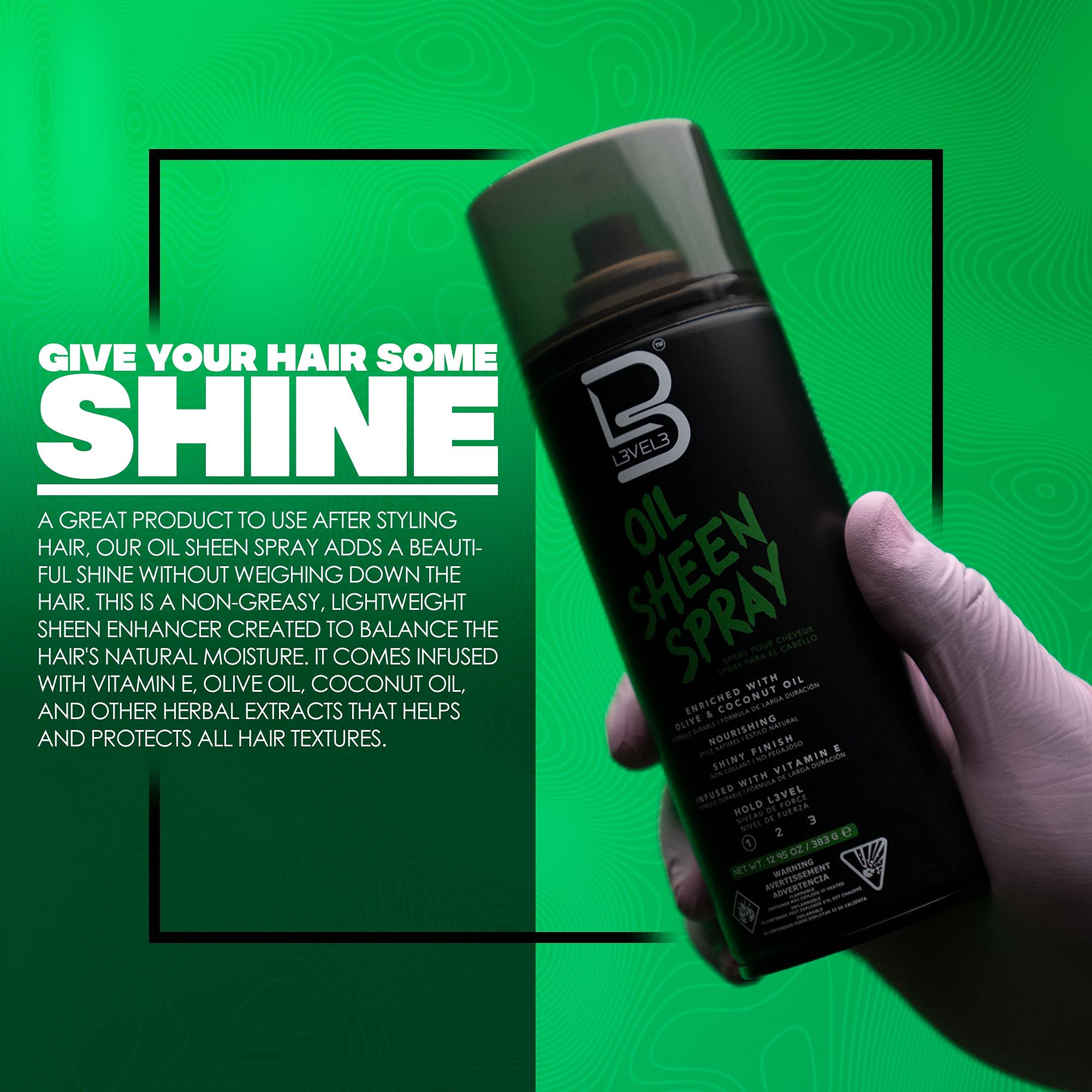 L3 Level 3 Oil Sheen Spray applied to hair for a glossy finish after styling.