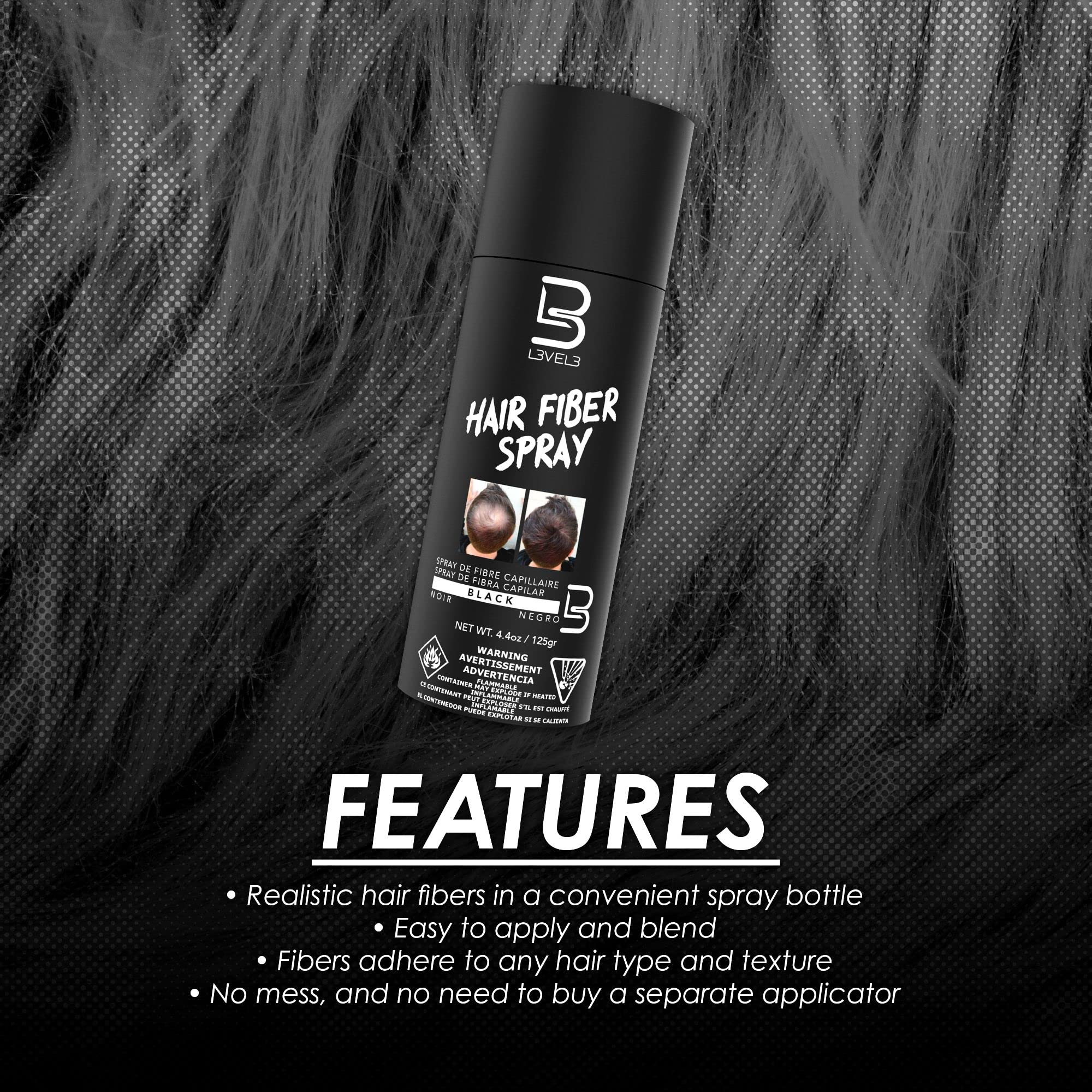 L3 Level 3 Black Hair Fiber Spray beard patch close-up illustrating beard fill