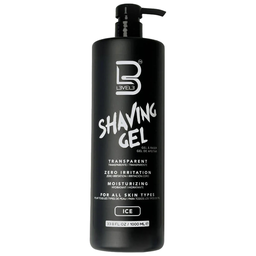 L3 Level 3 Gel bottle shows transparent ice formula for precise shaving.