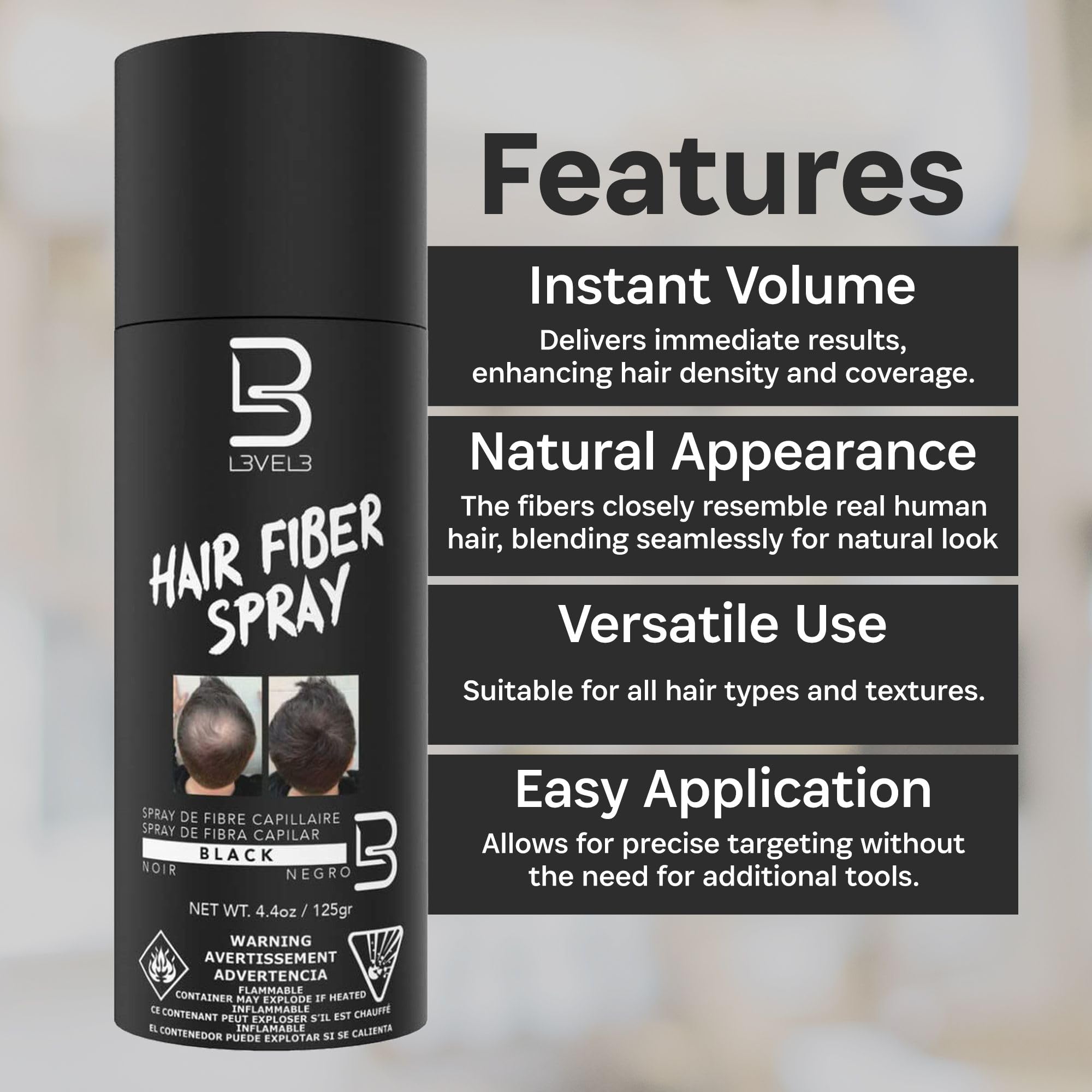 L3 Level 3 Black Hair Fiber Spray compact packaging on shelf