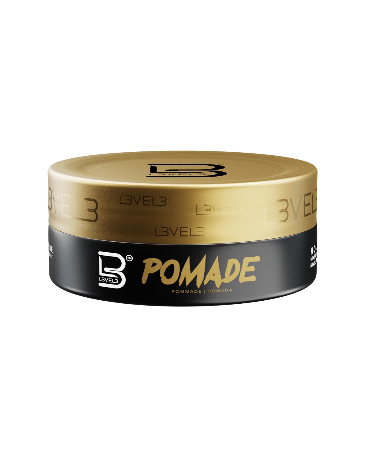 L3 Level 3 Pomade packaging showcases a sleek bottle for long-lasting, clean-hair hold.