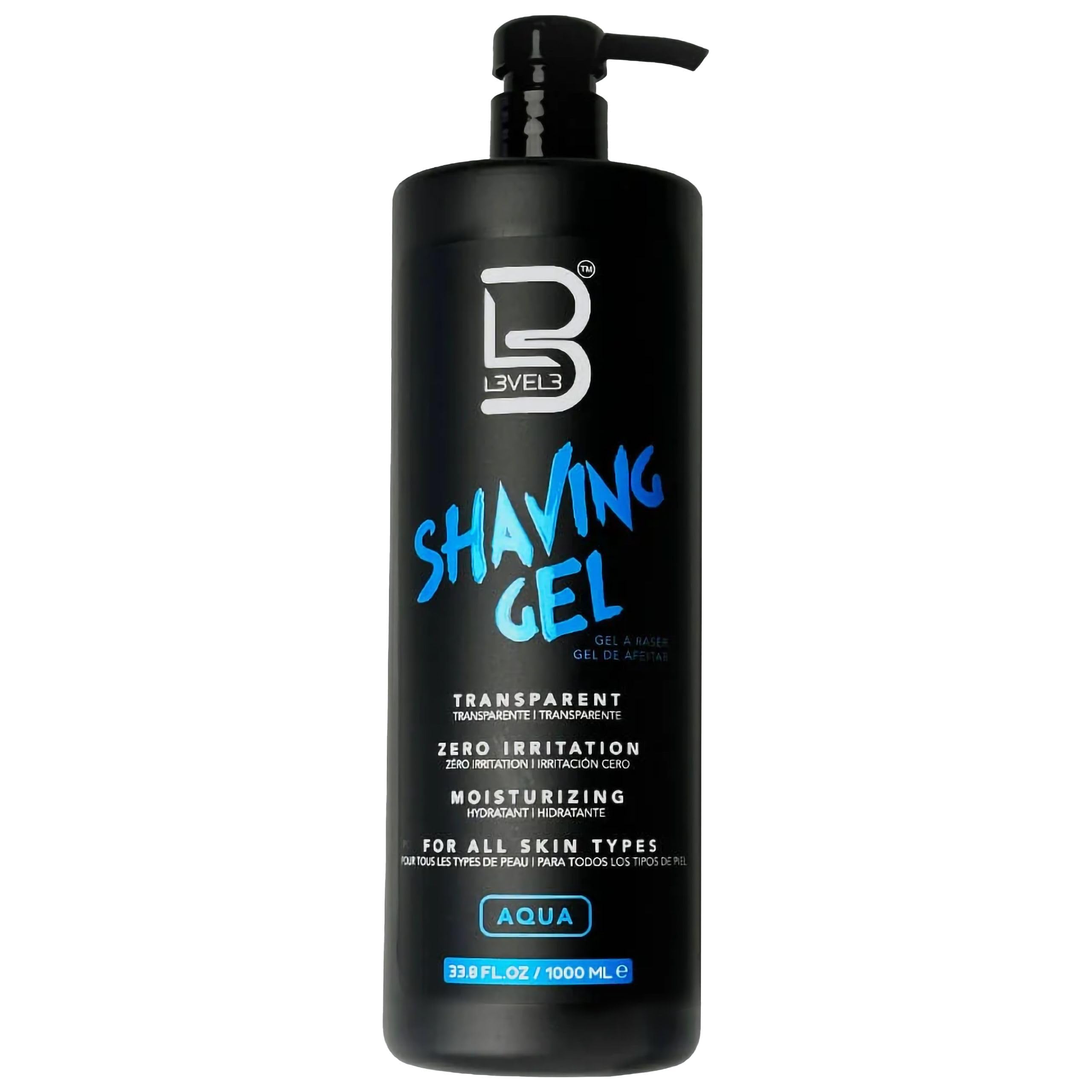 L3 Level 3 shaving gel bottle (Aqua, Large) ready for quick prep.