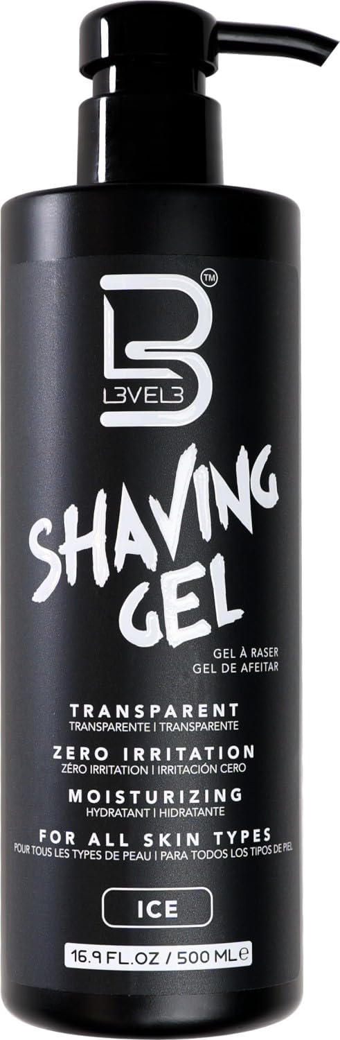 L3 Shaving Gel Ice bottle front shows transparent formula for precise shaving.