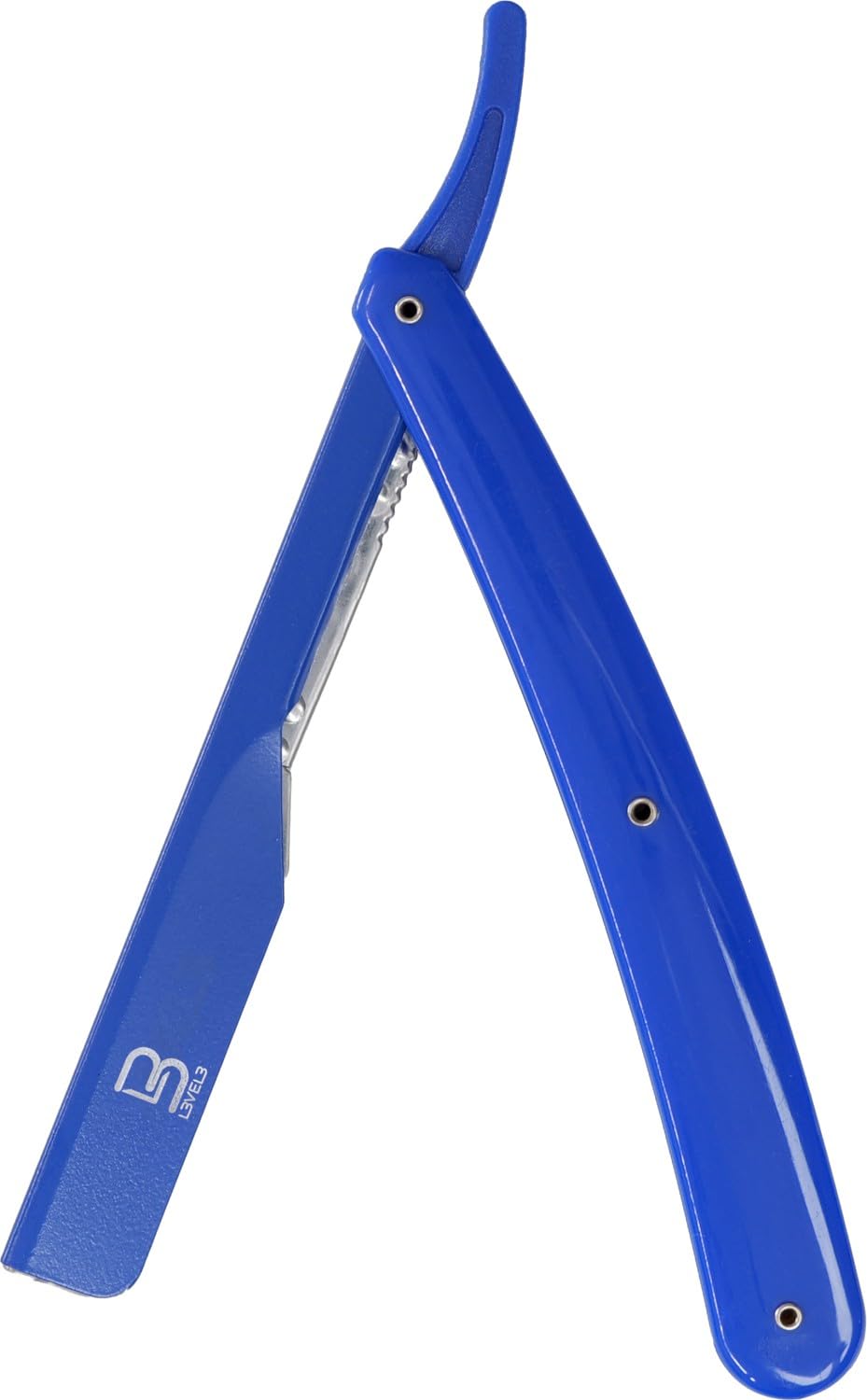 L3 straight razor holder blue grip demonstrates secure control for precise shaving.