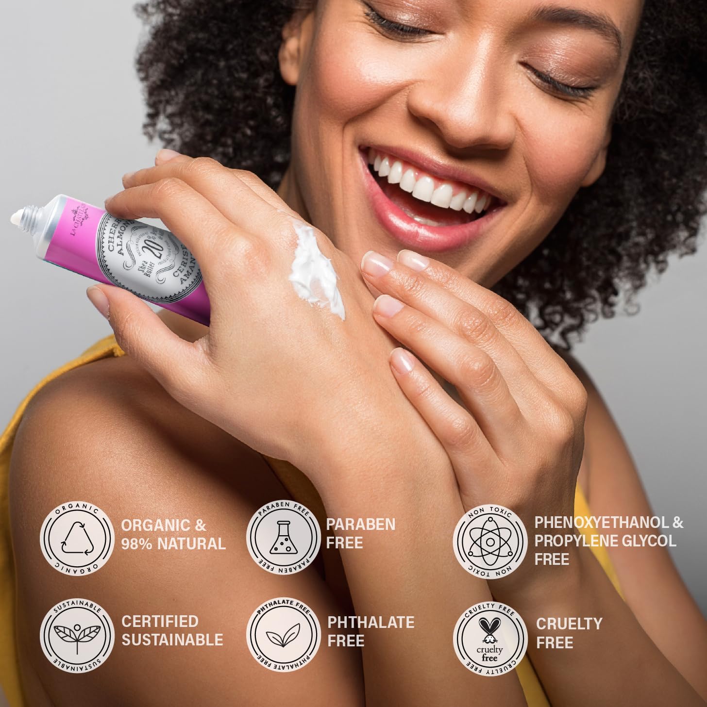 La Chatelaine Cherry Almond hand cream application on hands showing quick absorption