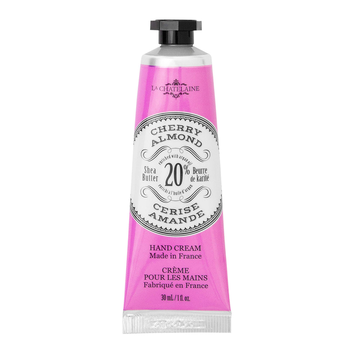 La Chatelaine Cherry Almond hand cream travel-size packaging ready for on-the-go moisture