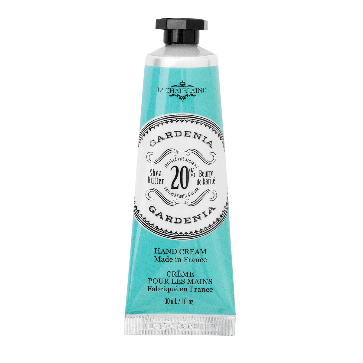 La Chatelaine Gardenia Hand Cream bottle close-up showing luxurious scent and rich texture