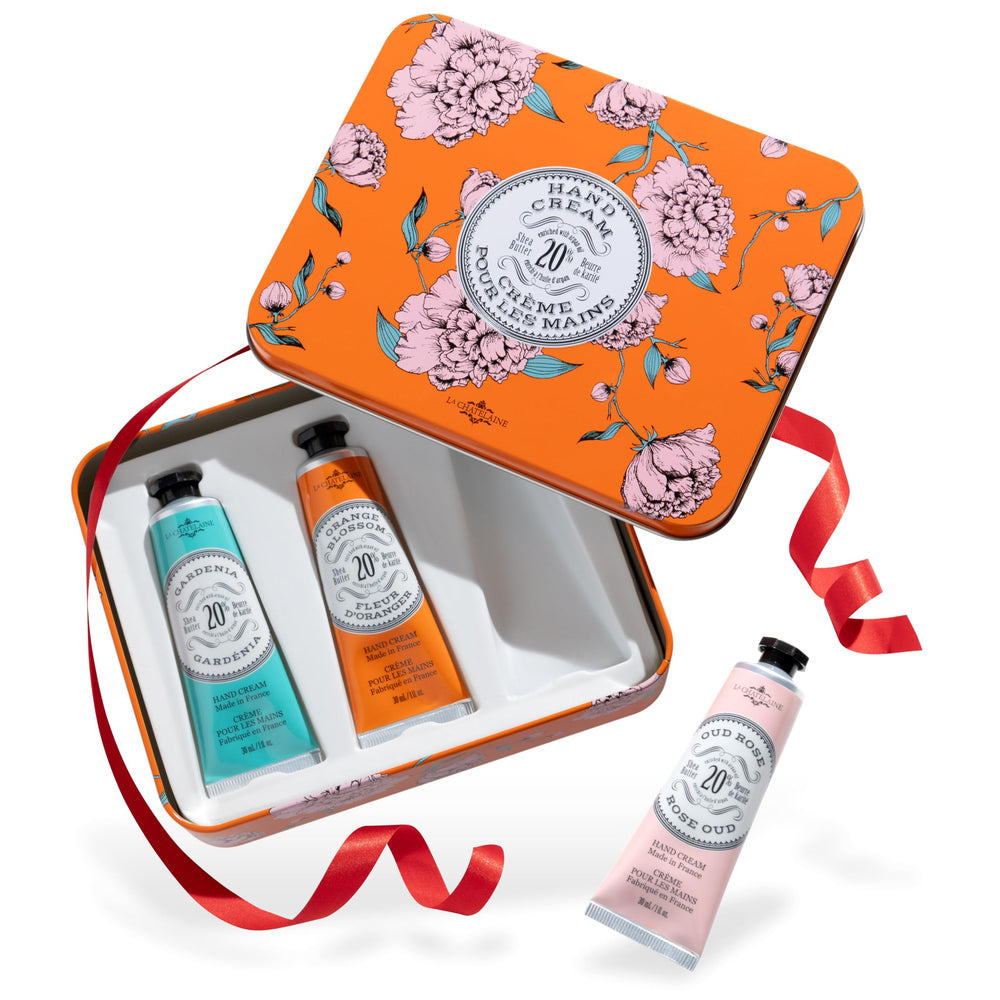 La Chatelaine hand cream trio gardenia coconut milk close-up showing silky texture for daily nourishment.