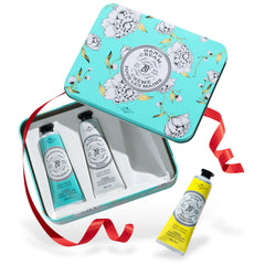 La Chatelaine hand cream trio tin gift-set packaging, premium pampering gift