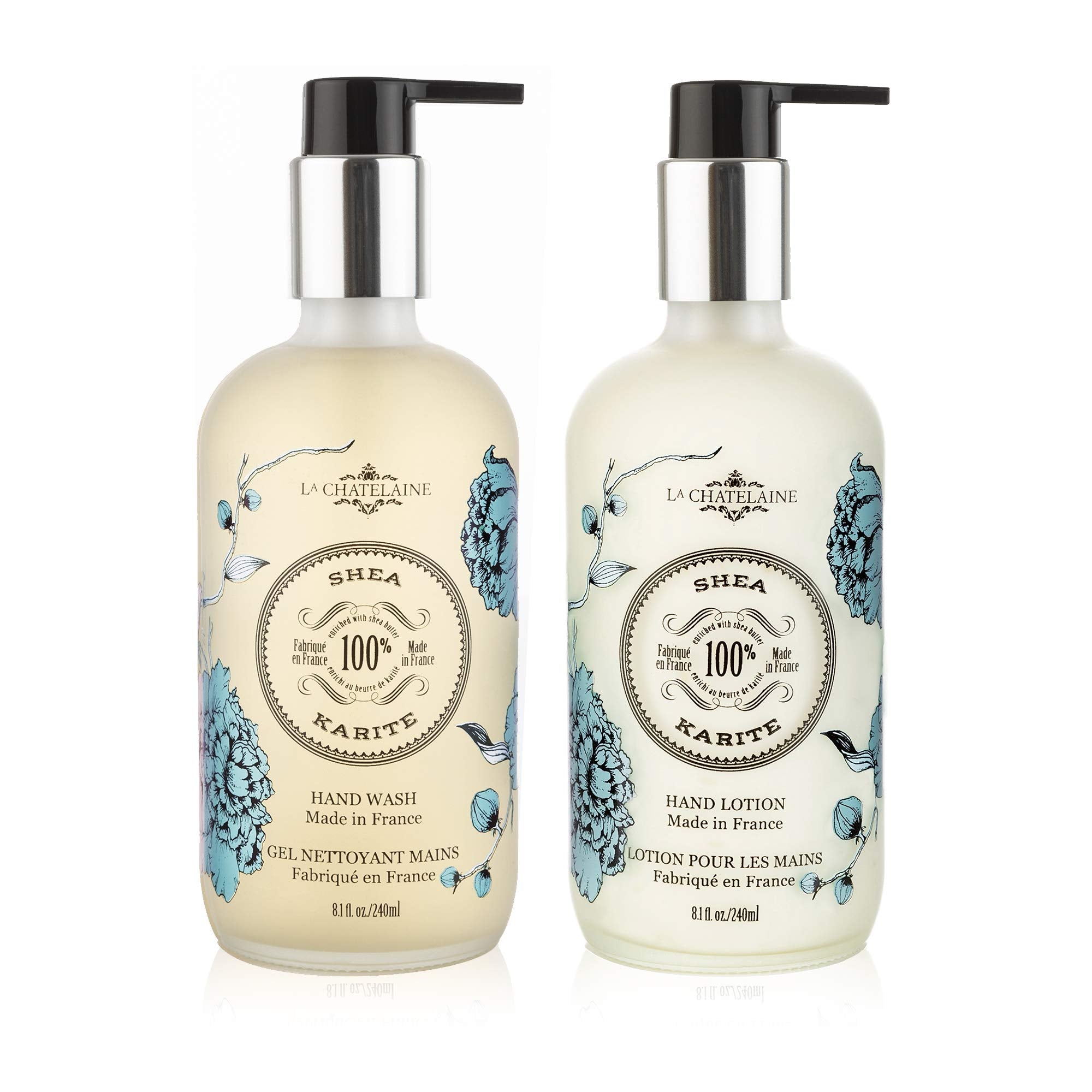 La Chatelaine handwash and lotion set in frosted glass bottles for premium daily cleansing and hydration.