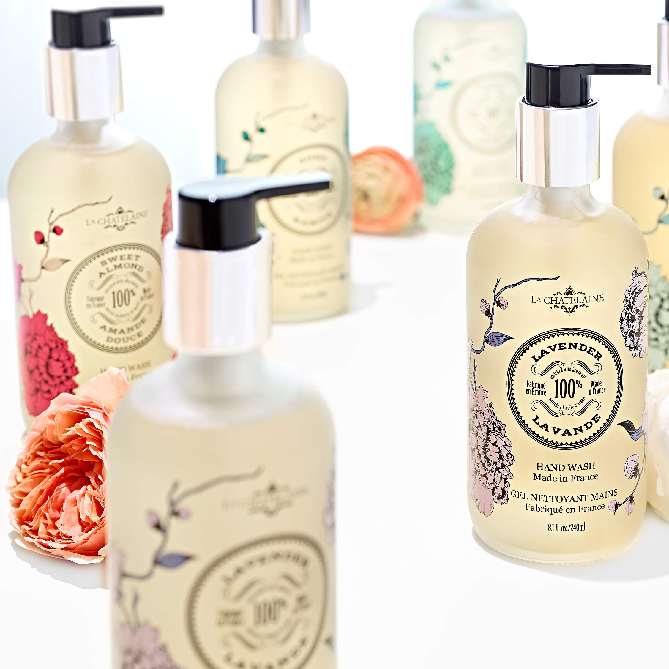 La Chatelaine handwash and lotion set shown with frosted bottles, ideal for daily nourishing routines.