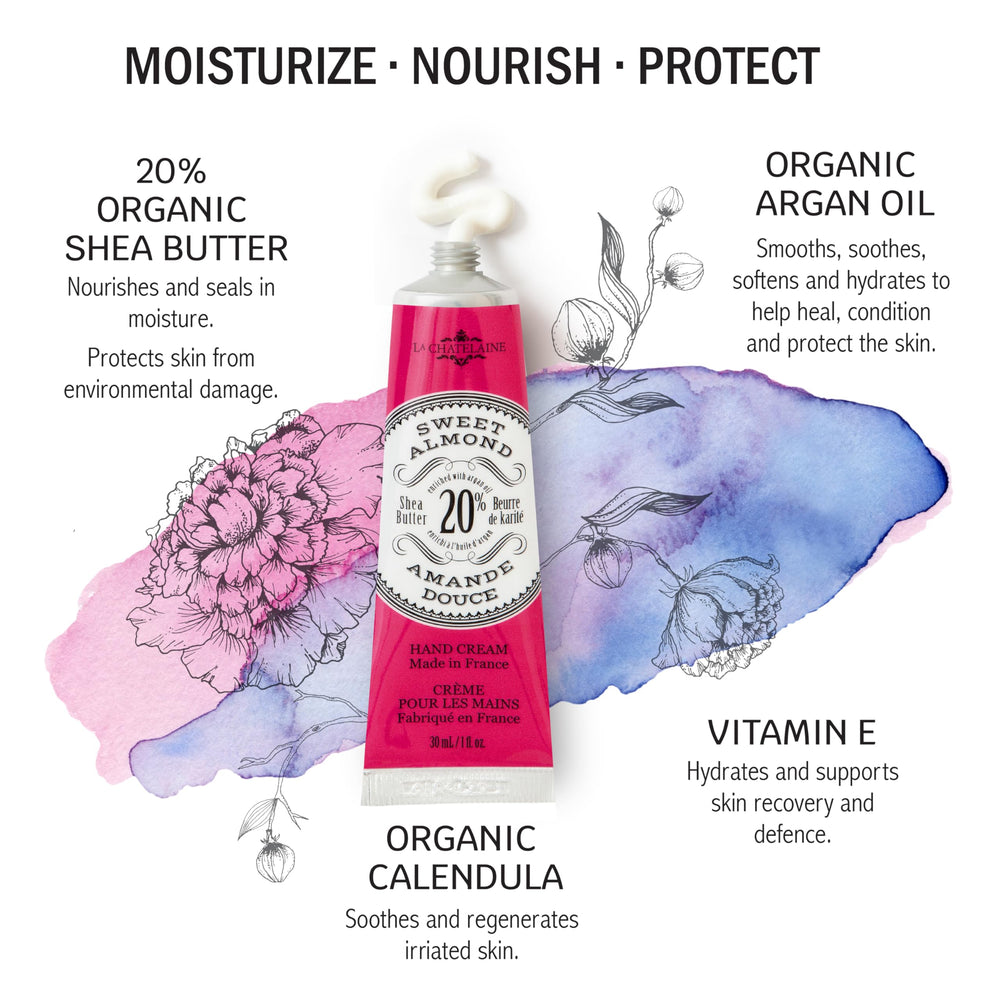La Chatelaine hand cream bottle highlighting organic argan oil for nourished hands on the go.