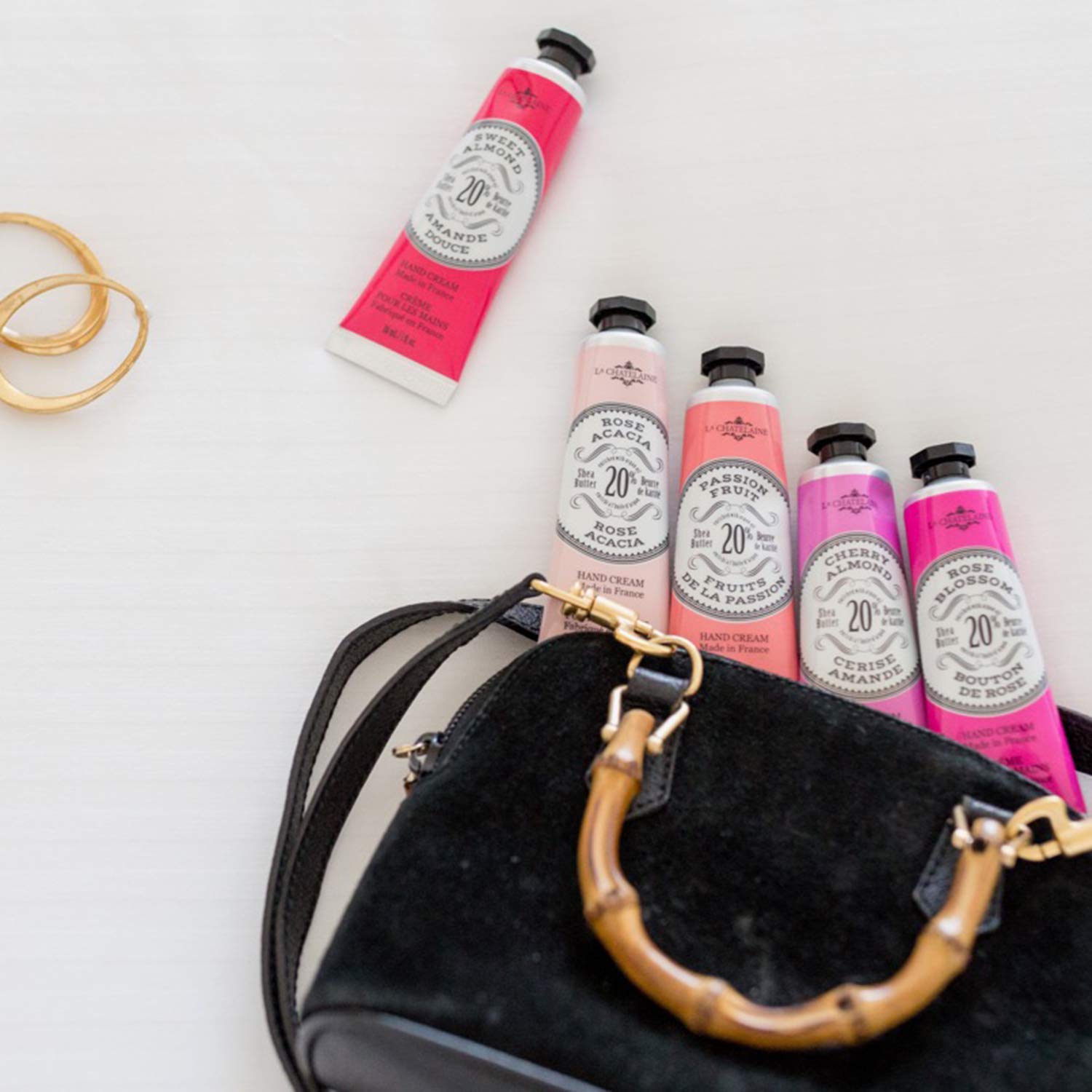 La Chatelaine Sweet Almond fragrance bottle enhances daily hand care ritual.