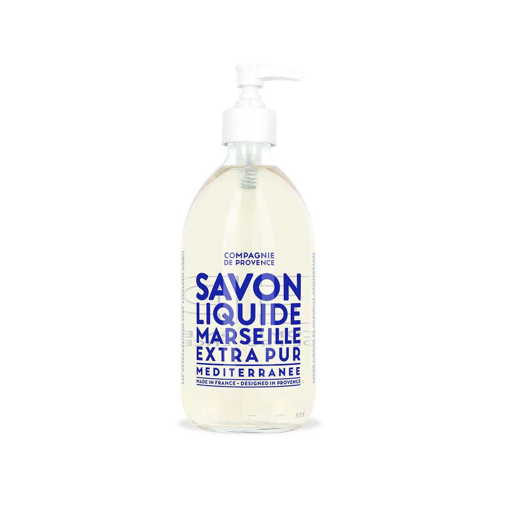 La Compagnie de Provence Savon de Marseille extra pure bottle on sink for daily washing.