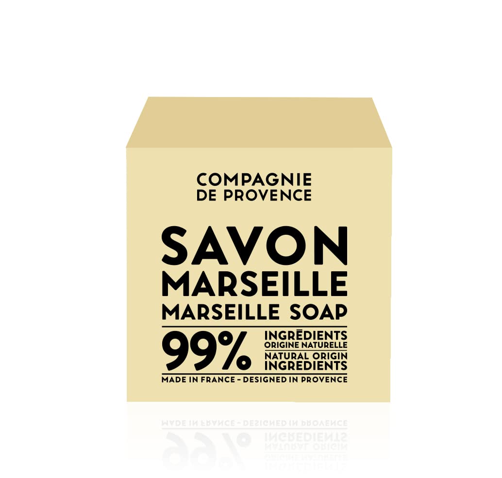 La Compagnie de Provence Savon Marseille Palm Soap Cube hydration shot shows moisturizing palm oil formula.
