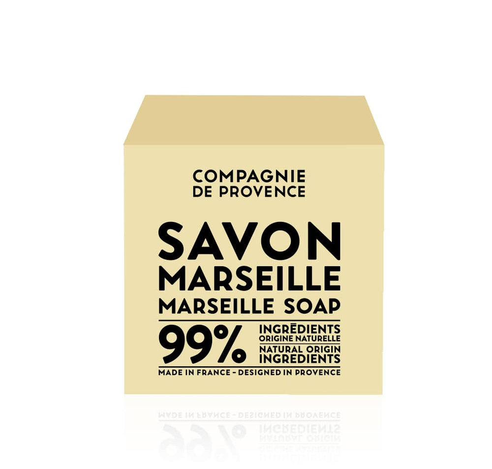 La Compagnie de Provence Savon Marseille Palm Soap Cube hydration shot shows moisturizing palm oil formula.