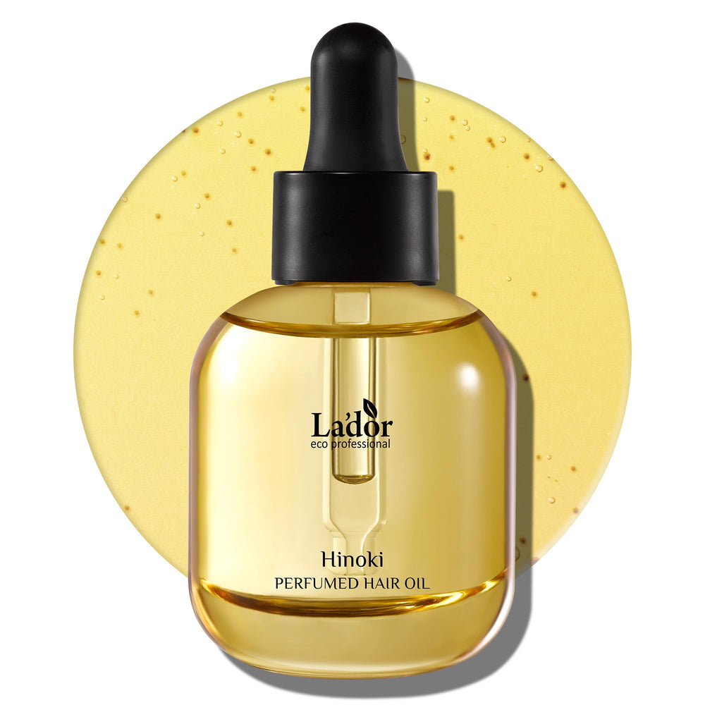 LA'DOR Hinoki hair perfume oil bottle for frizz control and glossy finish.