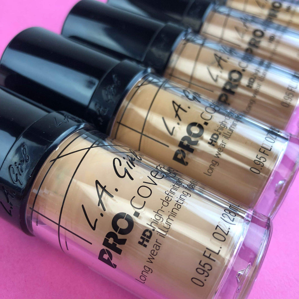 L.A. Girl Pro Coverage Liquid Foundation dewy finish highlights radiant skin-like glow.